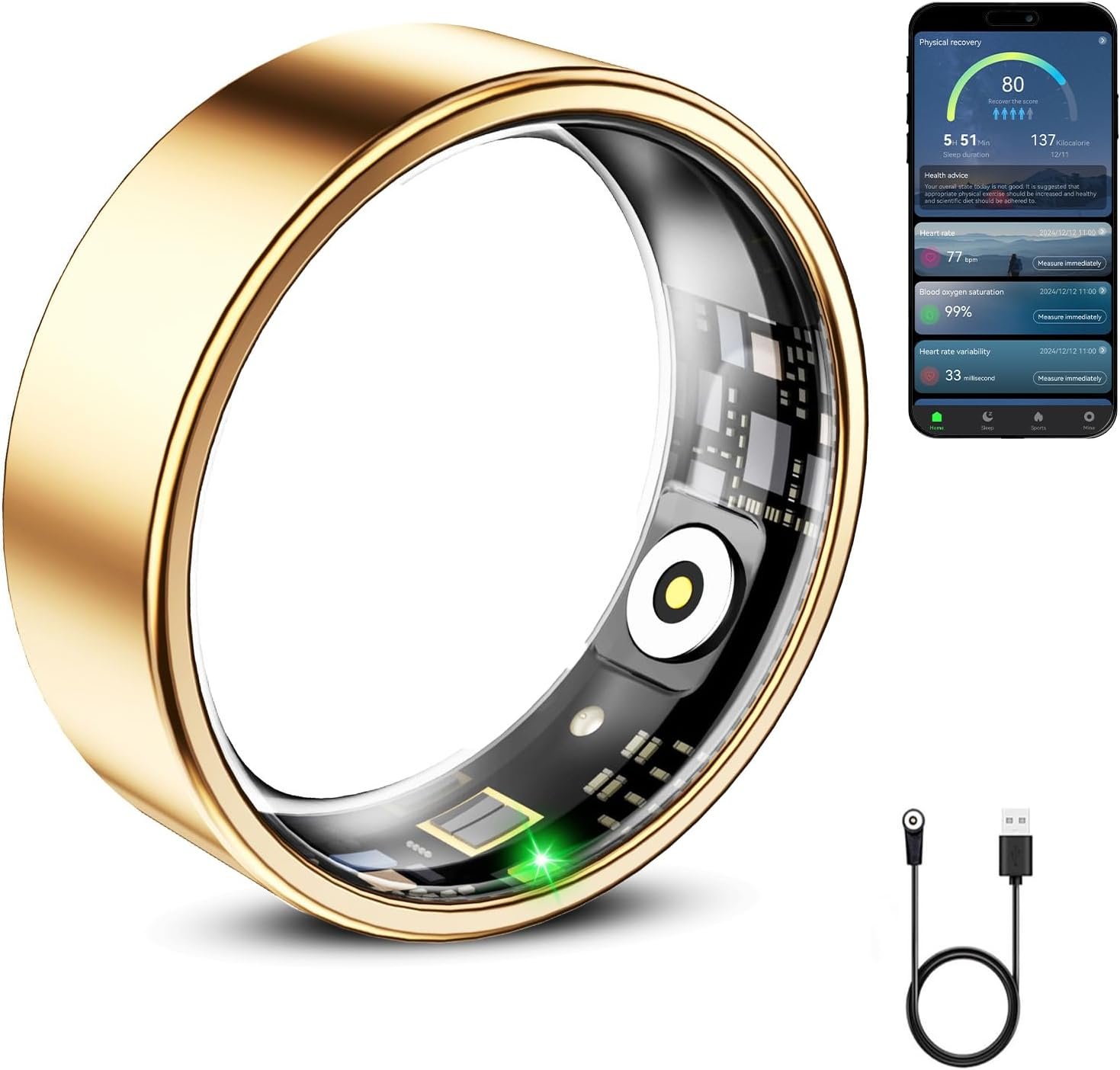 Mirlray Smart Ring for Women & Men, Smart Ring Health Tracker, Blood Oxygen & Heart Rate Monitor, Waterproof Fitness Ring (Gold, 7)