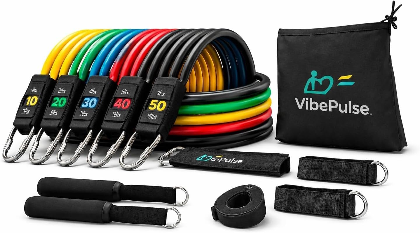 VibePulse Exercise Bands with Handles, Resistance Bands Set 10-150 lbs Stackable – Door Anchor, Ankle Straps & Carry Bag for Physical Therapy, Home Gym, Strength Training – Men & Women
