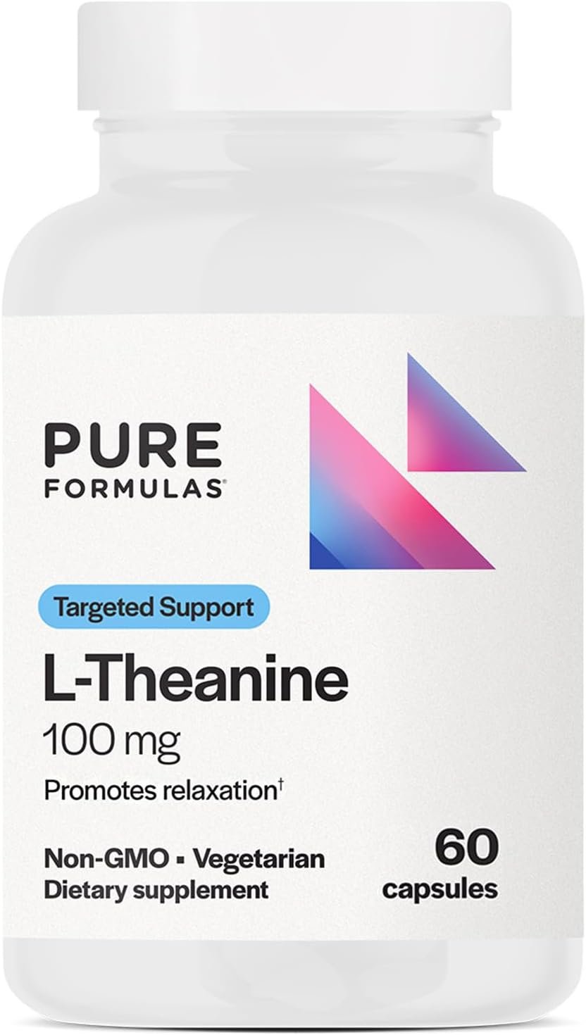 PureFormulas L Theanine Supplement 100 mg, L-Theanine Supports Stress Levels, Relaxed State, Mood, Sleep, Dairy Free, Soy Free, Non-GMO 60 Vegetarian Capsules