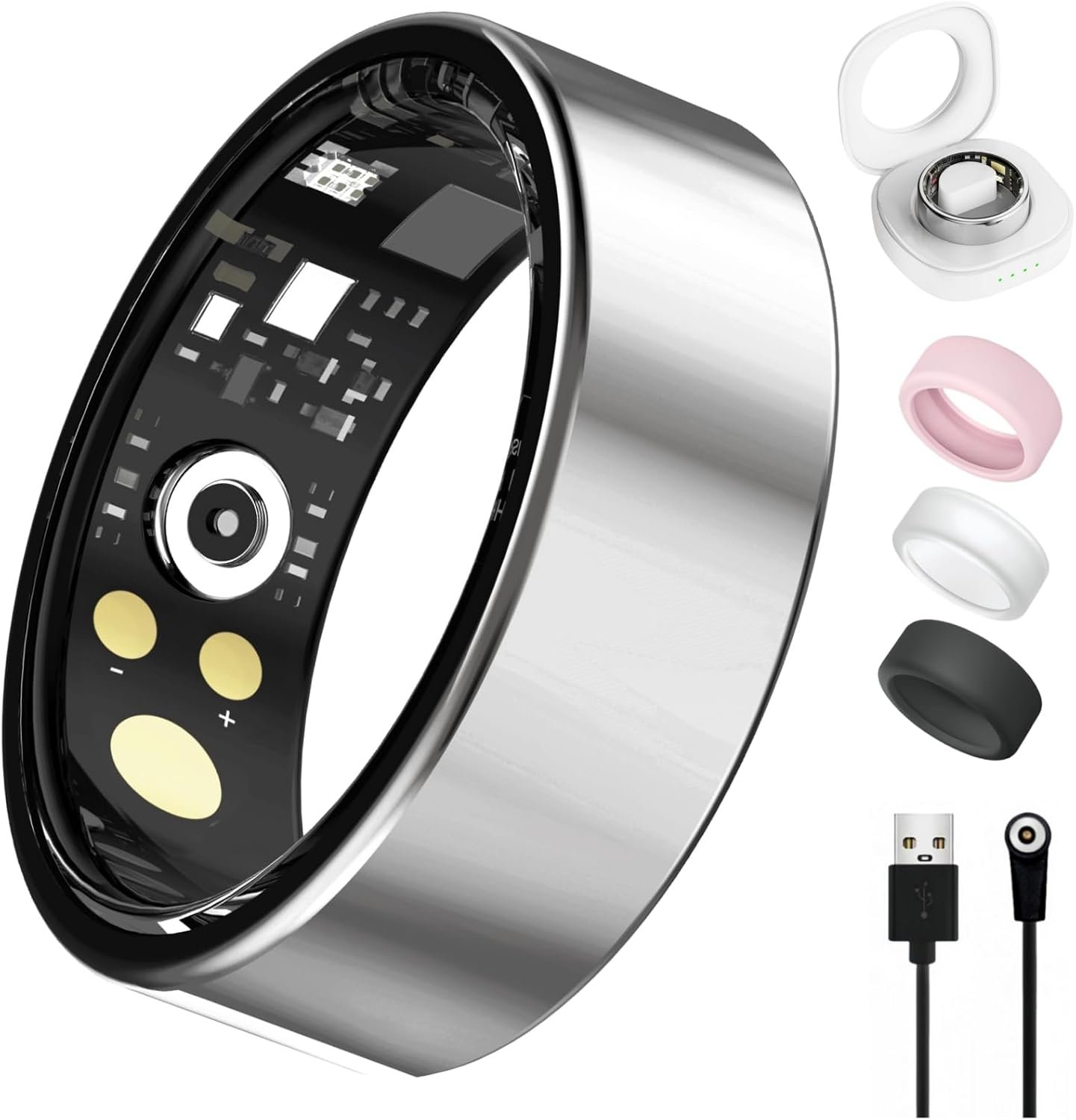 Smart Ring for Women Men, Health Tracker with Heart Rate, Blood Oxygen, Blood Pressure, Sleep Monitor, Step Counting, IP68 Waterproof Fitness Ring, No App Fees for iPhone & Android (Silver, 9#)
