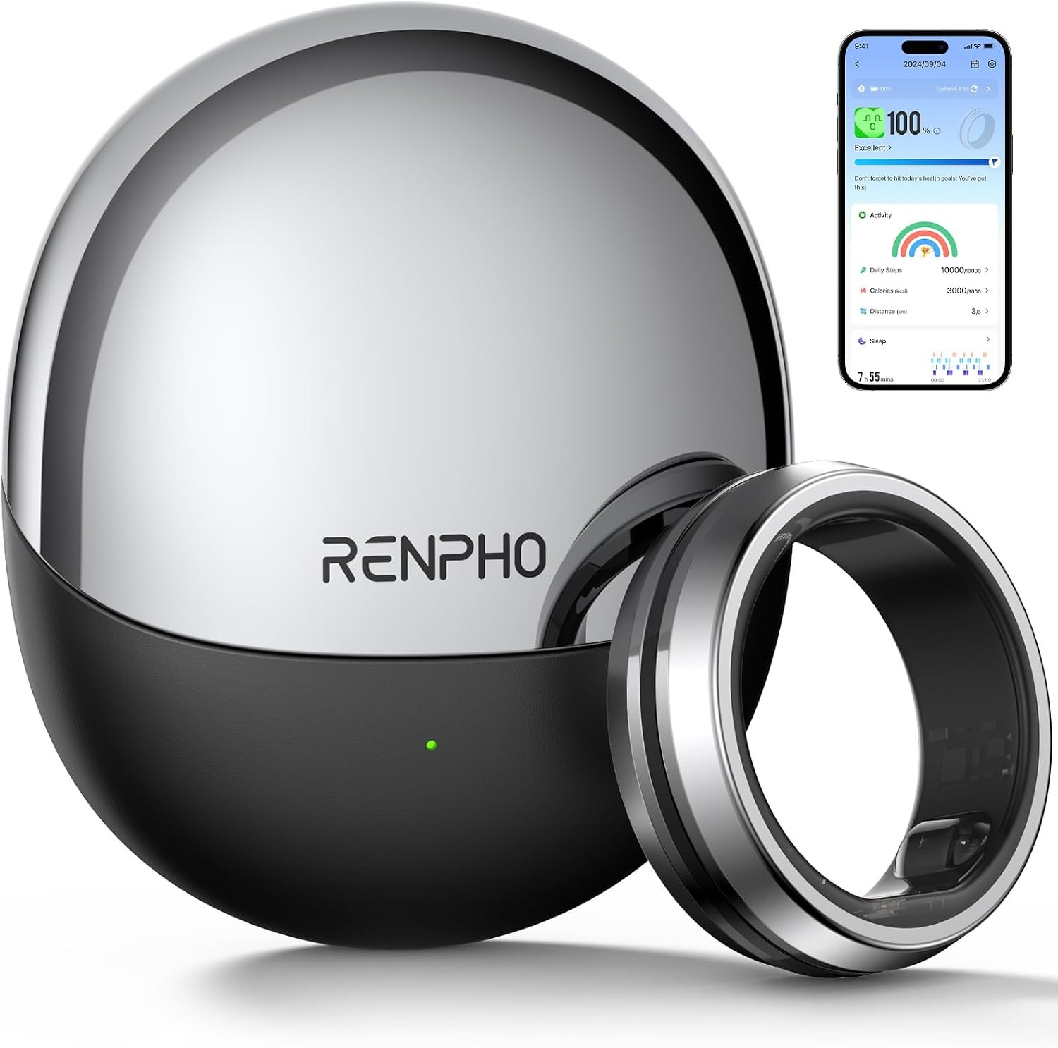 RENPHO Lynx Smart Ring, Subscription-Free App, Silver, Size 10