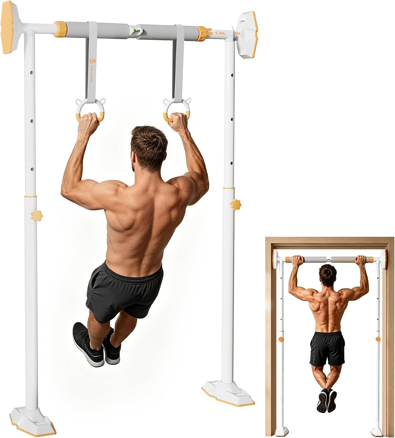 Doorway Pull Up Bar for Door Frame 450 LBS Heavy Duty No Drill Pullup Bar with Free Gym Rings Reinforced Safe Stability Upper Body Workout Bar for Home Fitness