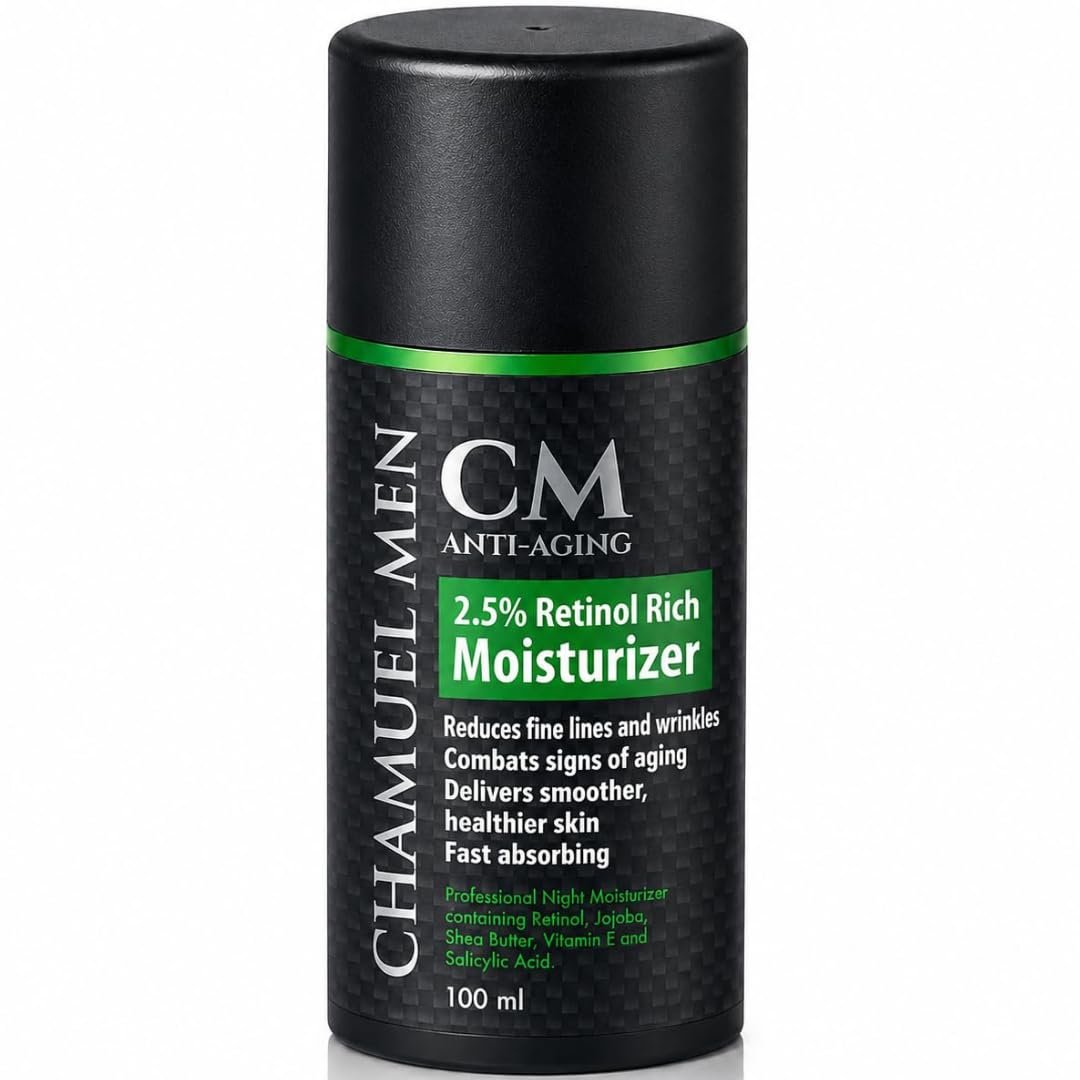 CHAMUEL MEN Daily Face Cream for Men with 2.5% Retinol Anti-Aging Moisturizer for Fine Lines, Dark Spots, and Wrinkles – Overnight Lotion