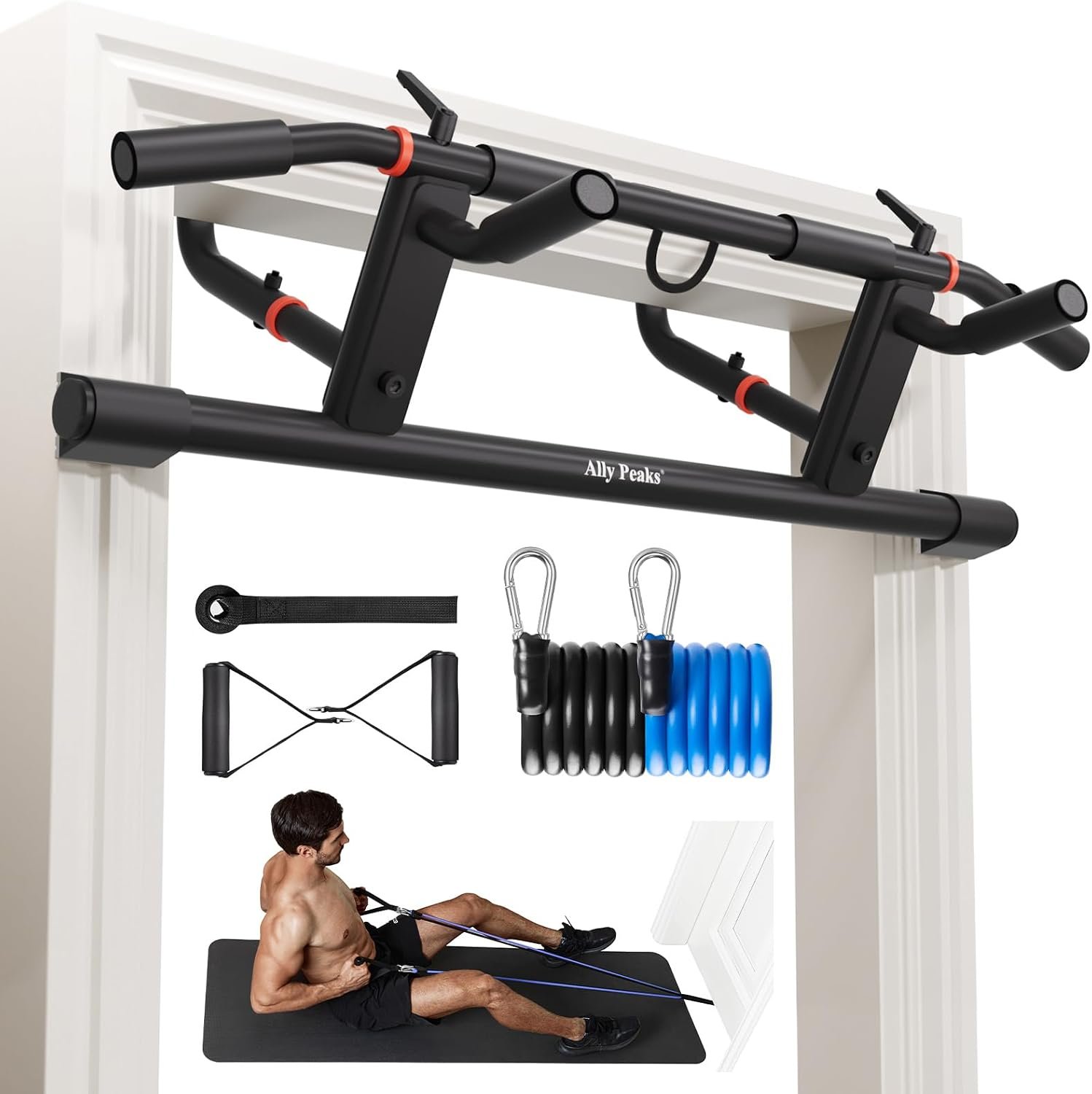 Ally Peaks Pull Up Bar for Doorway，Adjustable Handle Width Pullup Bar with 2Pcs Exercise Resistance Bands，New 2026 Upgraded At Home Workout Equipment Chin Up Bar，Multiple Original U.S. Patents