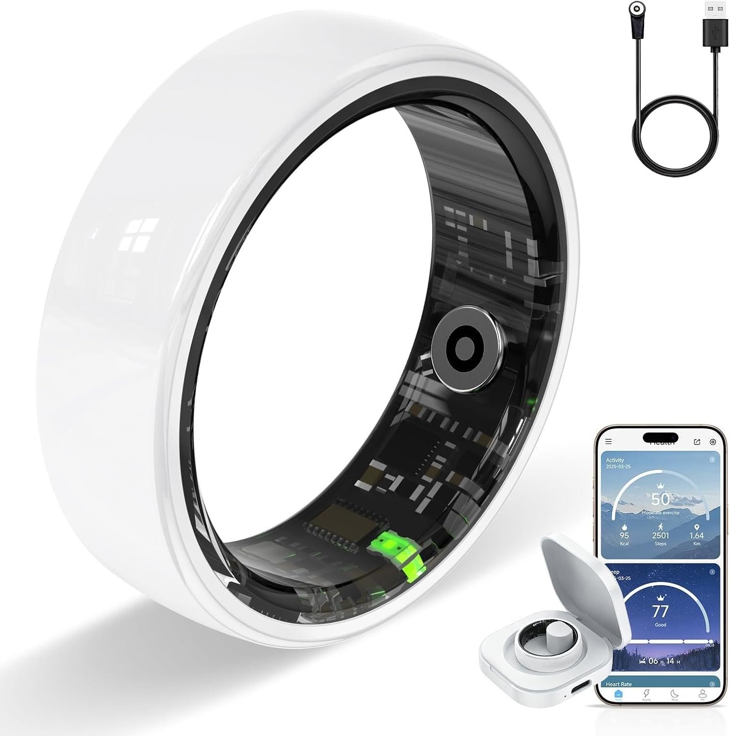 Smart Ring, Ceramics Fitness Tracker & Health Monitoring Ring with Heart Rate Sleep Tracking, Multi-Sport Activity Tracker 5ATM Waterproof, iOS Android Compatible