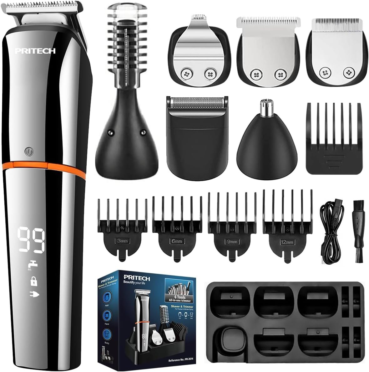 PRITECH 6-in-1 Men’s Grooming Kit, Cordless Beard Trimmer, Hair, Nose & Ear