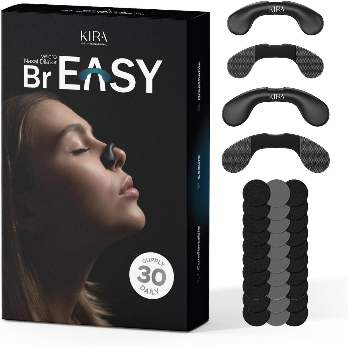KIRA Reusable Nasal Breathing Support Strips, 30-Day Supply with Adhesive Tabs, Comfortable Alternative to Disposable Nasal Strips for Sleep, Exercise & Daily Use