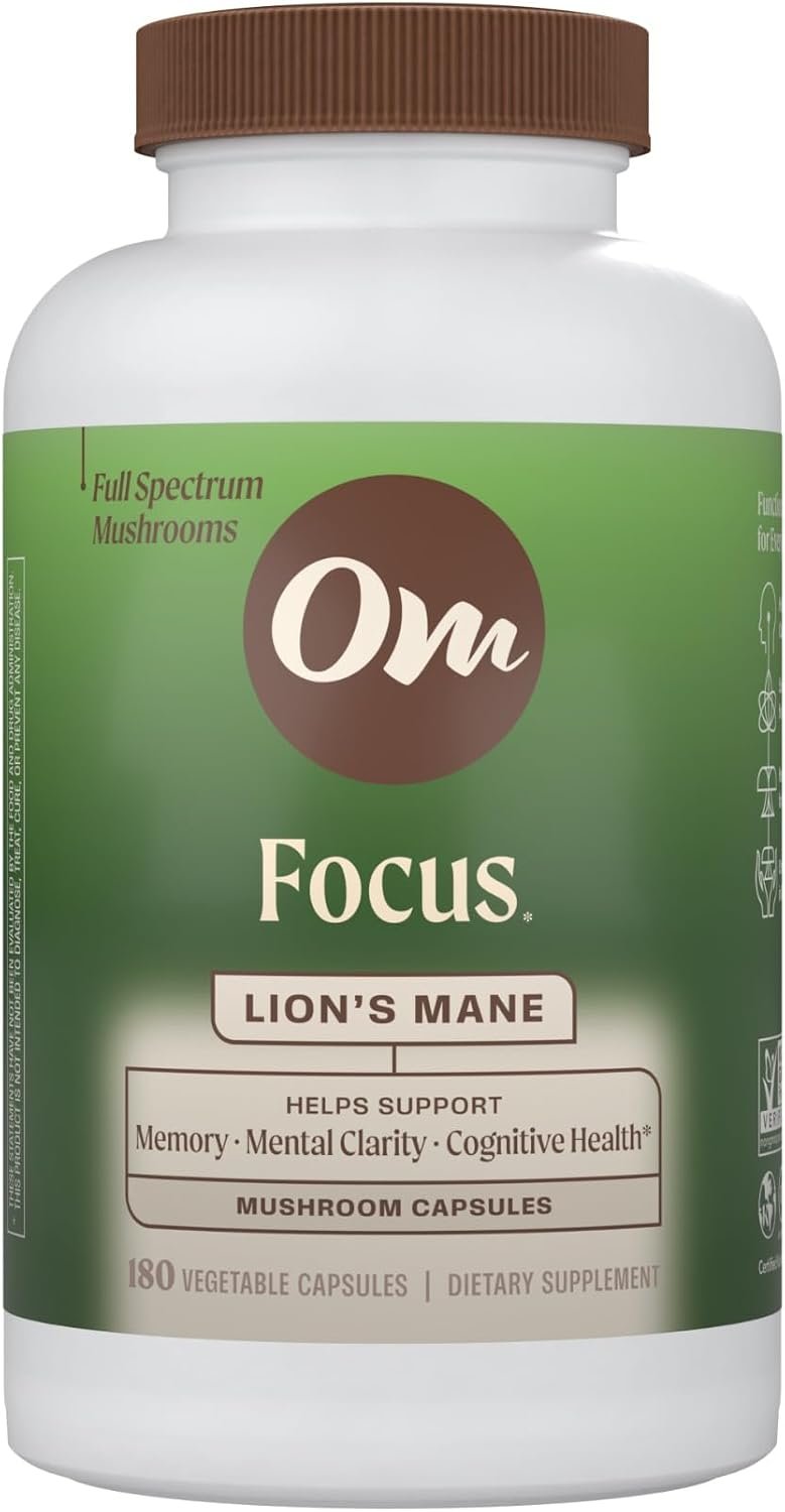 Om Lion’s Mane Mushroom Capsules – Organic Mushroom Supplement and Nootropic – Brain Supplements for Memory and Focus, 180 Count (60 Servings)​