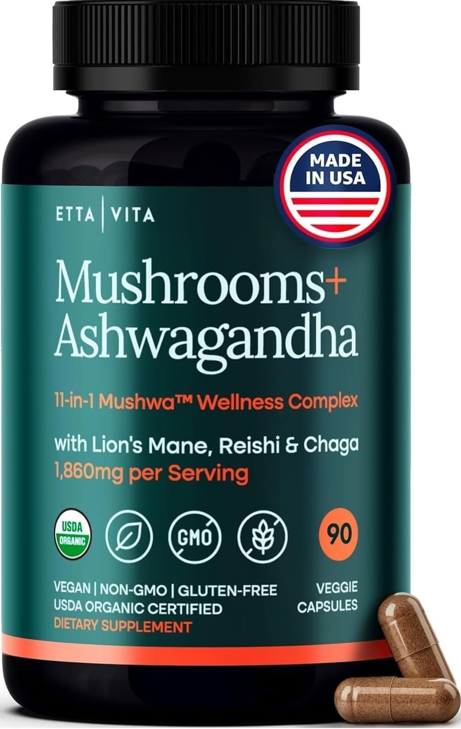 USDA Organic Lions Mane Supplement Capsule, 11-in1 Mushroom Complex 90ct
