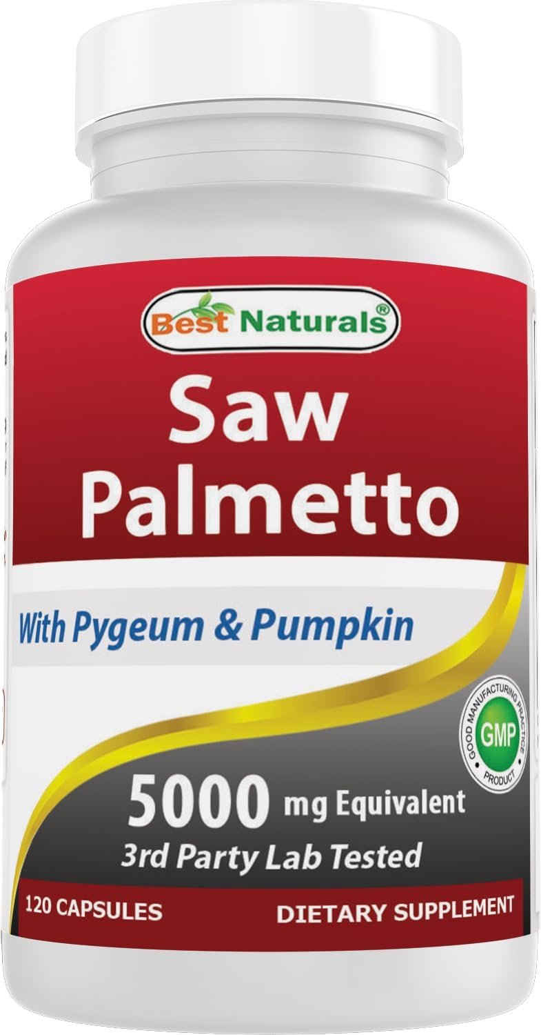 Best Naturals Saw Palmetto 10:1 Extract Prostate Supplements for Men – 120 Capsules – Made with Pygeum Bark 4:1 Extract & Pumpkin Seed Powder