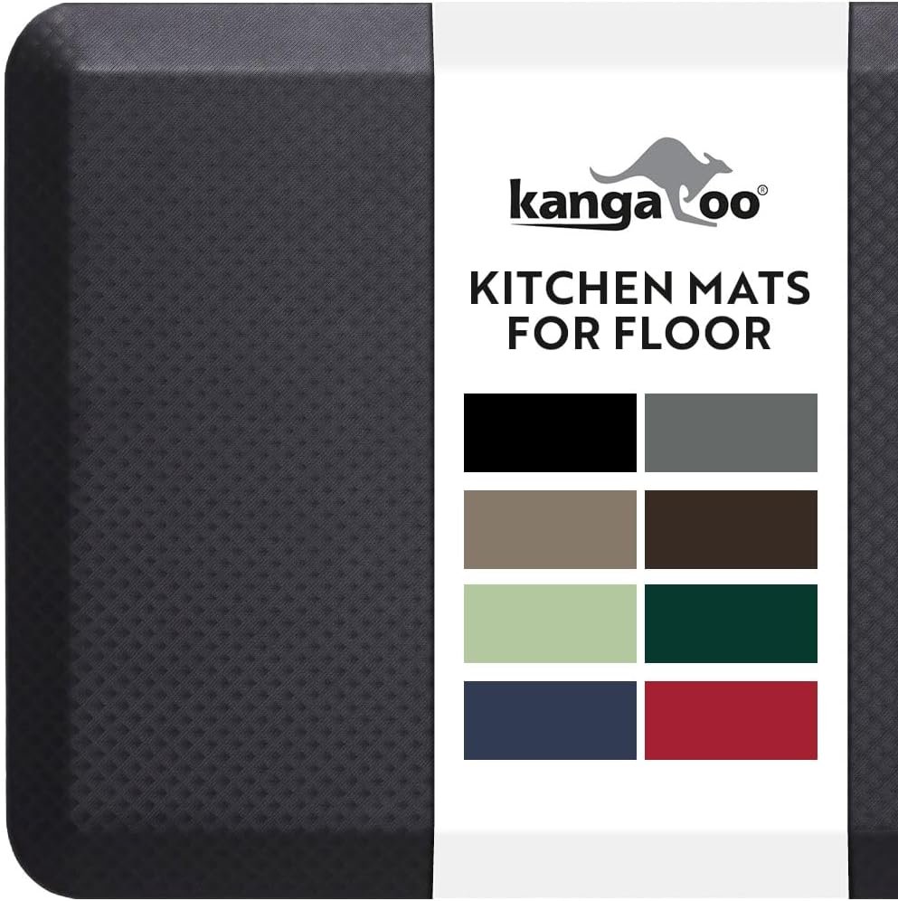 KANGAROO 3/4 Inch Cushioned Anti Fatigue Kitchen Mat for Floor, Black