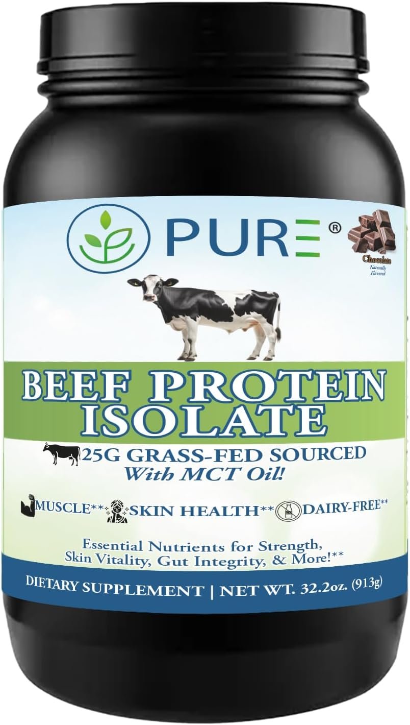 PURE® Grass-Fed Beef Protein Isolate Powder – 25g Protein, 28 Servings – Dairy-Free Paleo & Keto Friendly Protein with MCT Oil, Probiotics & Natural Collagen – No Whey or Lactose – Chocolate 913 Grams