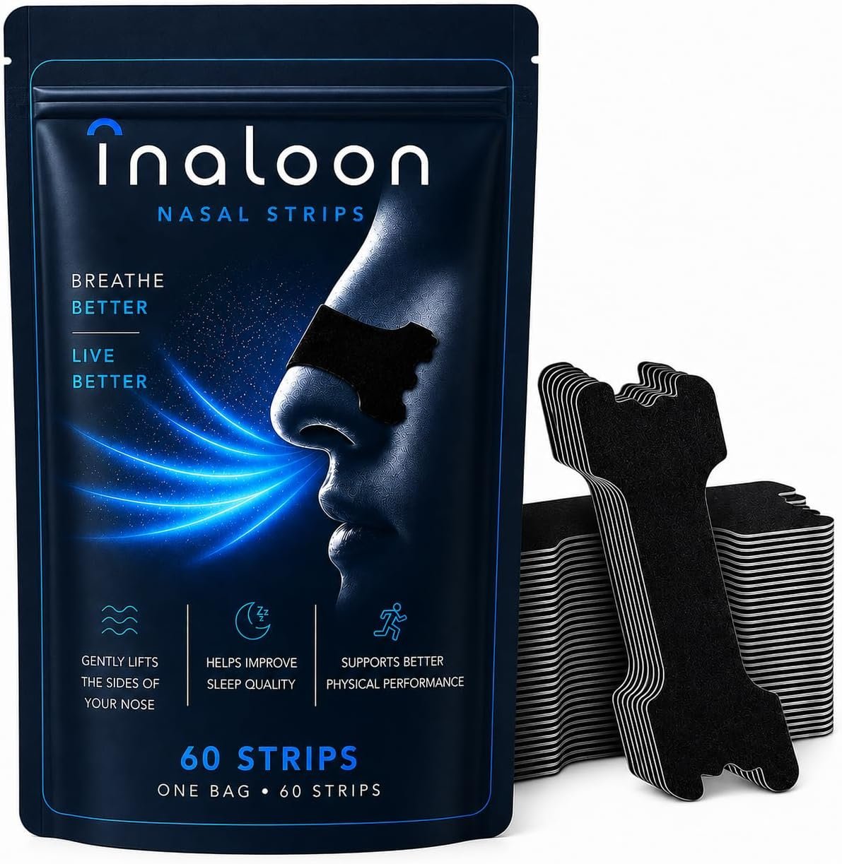 Nasal Strips for Breathing, 60 Count Nose Strips for Better Airflow, Strong Stay-Put Adhesive, Comfortable Nasal Support for Sleeping, Snoring, Sports, Running, Workout, Universal Fit