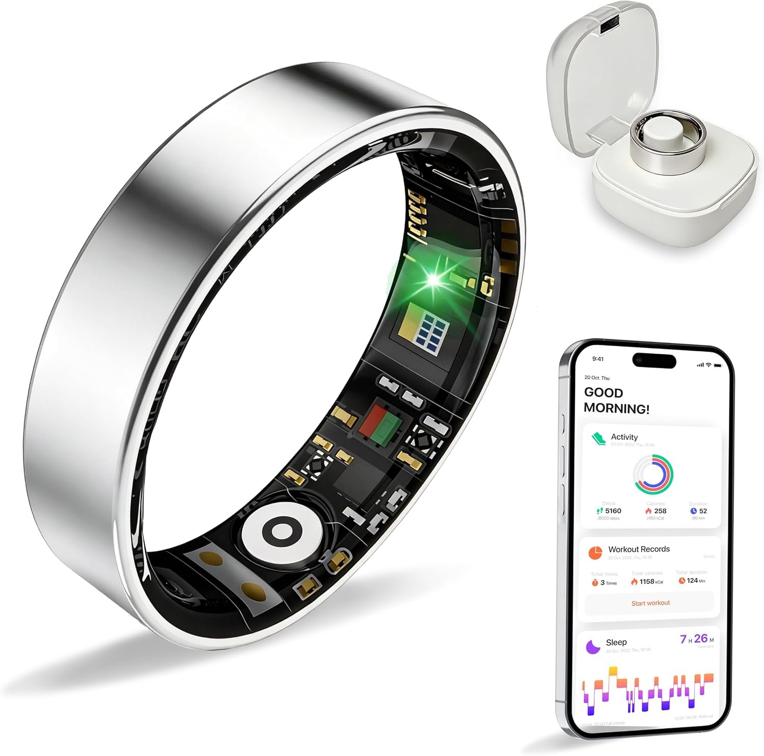BIEMHA Women Men Smart Ring Health Tracker, Sleep Exercise Health Monitoring Wearable Device, IP68 Waterproof, iOS/Android Compatible, No Subscription Required, 5‑Day Long Lasting Battery (Silver, 7)