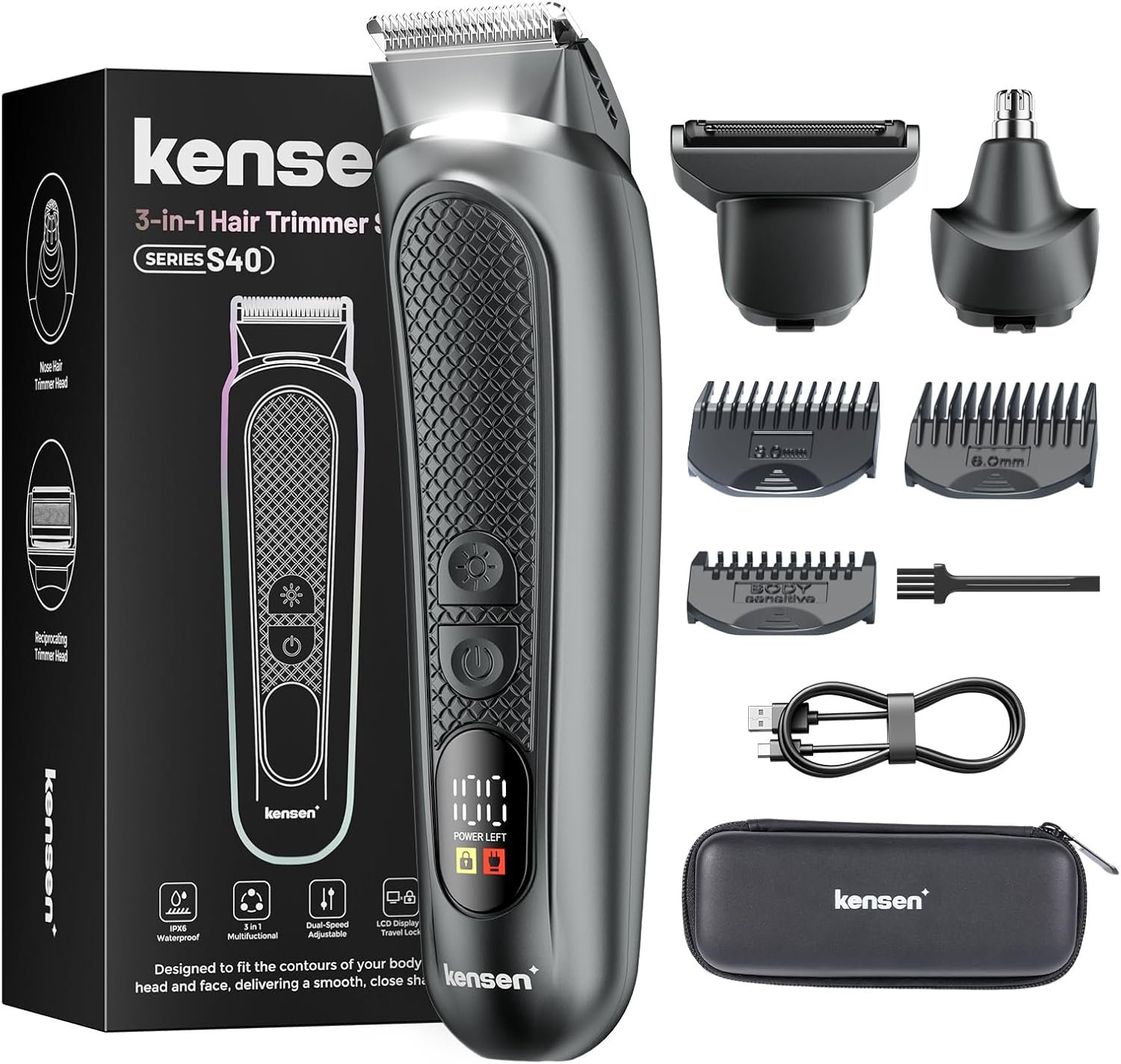 kensen PRO Groin & Body Hair Trimmer, All-in-One Body Groomer Black