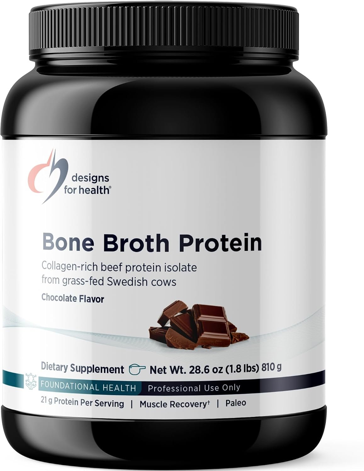 Designs for Health Bone Broth Protein Powder, Chocolate, 30 Servings