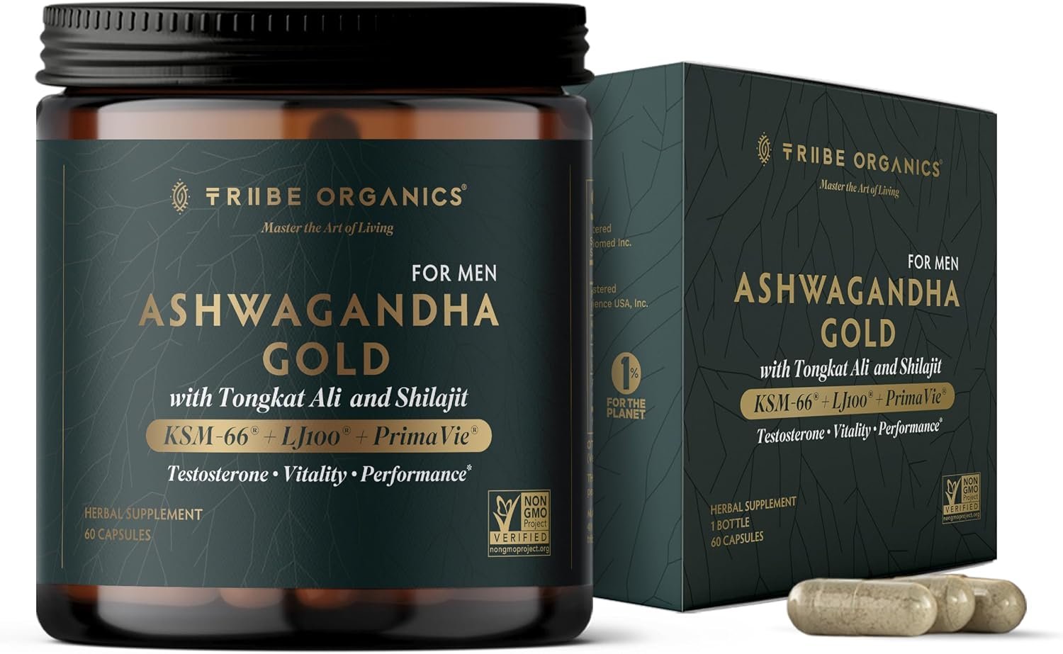 TRIBE ORGANICS Ashwagandha Gold for Men, KSM-66, Testosterone Support, 60ct