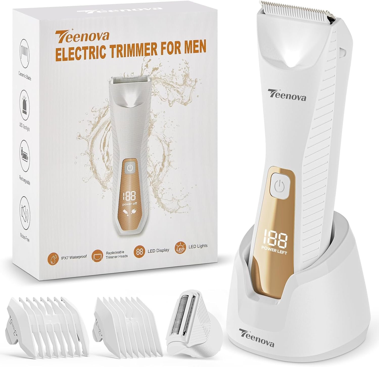 Pubic & Body Hair Trimmer for Men, 2 In 1 Electric Ball Groin Razor Shaver with Ceramic Blade, No Nick Mens Grooming Kit for Wet/Dry Use, Cordless Charging Body Groomer with Led Display, White