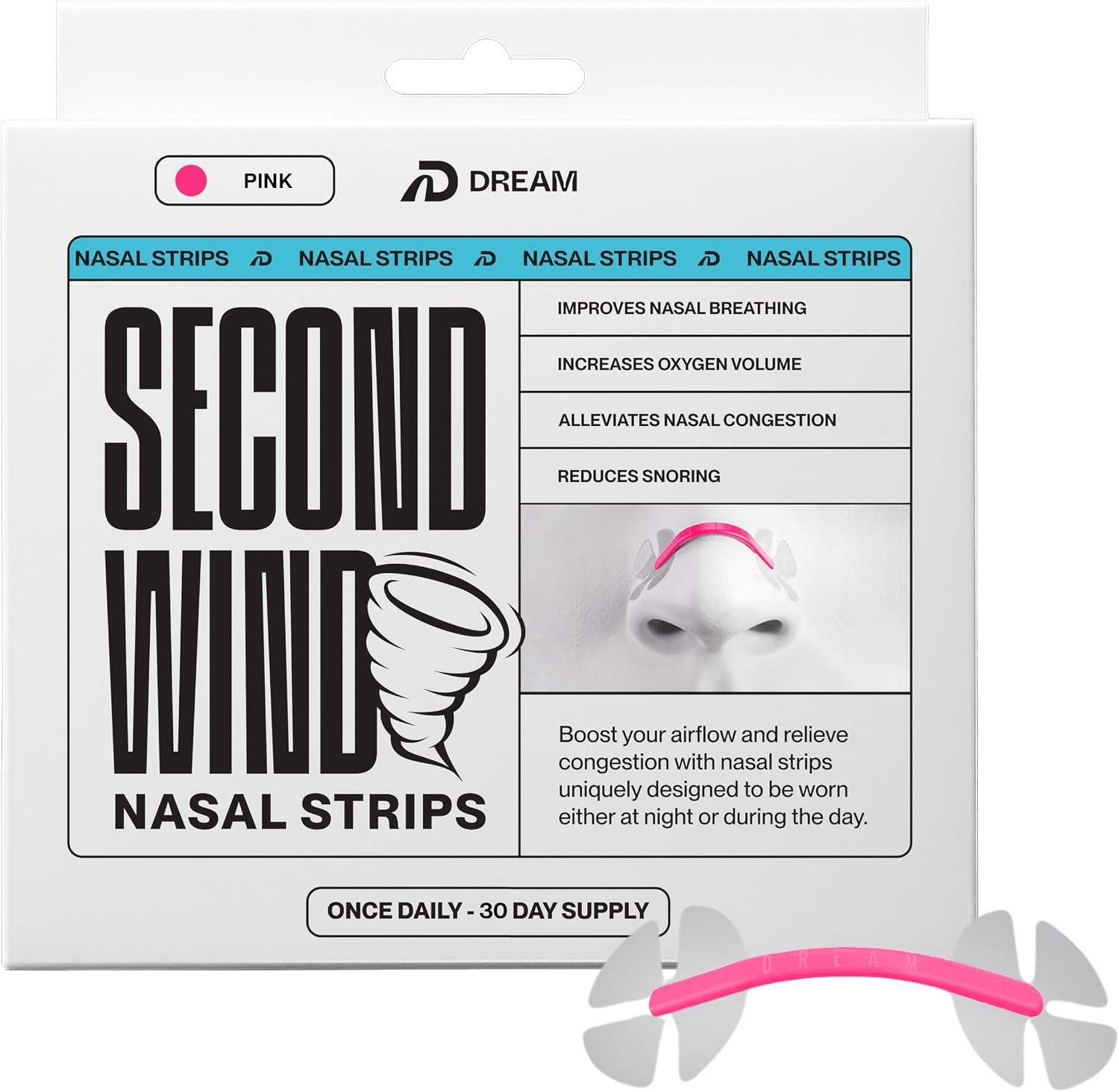 Dream Recovery Second Wind Nasal Strips, Pink, 30 Count Pack