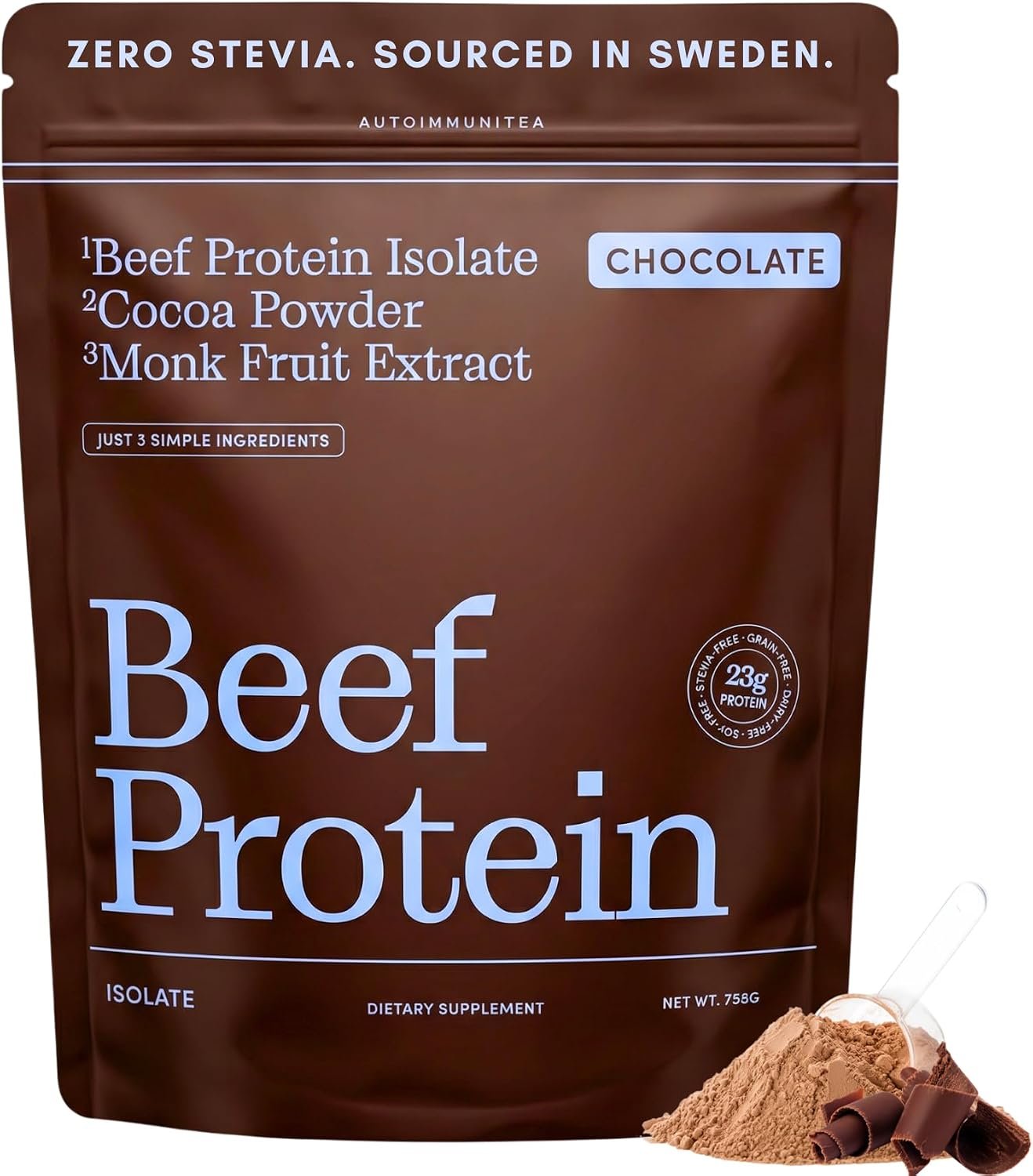 Grass Fed Beef Protein Powder Chocolate – Prime Animal Protein Isolate, 23g Protein, 3 Ingredients, Monk Fruit, No Stevia, Dairy Lactose Free, Keto Paleo Carnivore AIP, 25 Servings – AutoimmuniTea