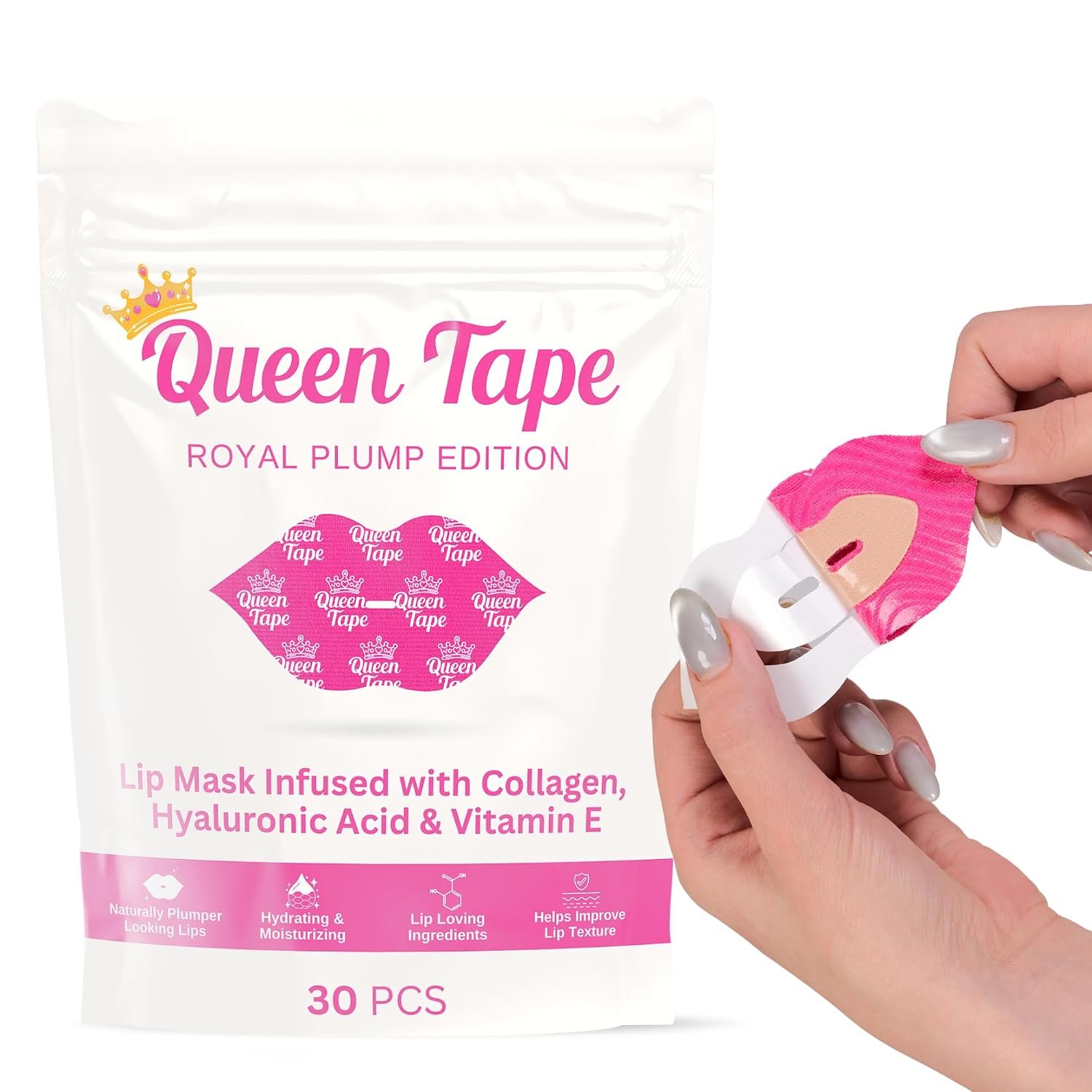 Queen Hydrating & Moisturizing Royal Plump, Royal Lips 30 pieces of Lip Masks for lip care, softens lips lines, hydrates & plumps, infused with collagen, Hyaluraonic Acid, & Vitamin E