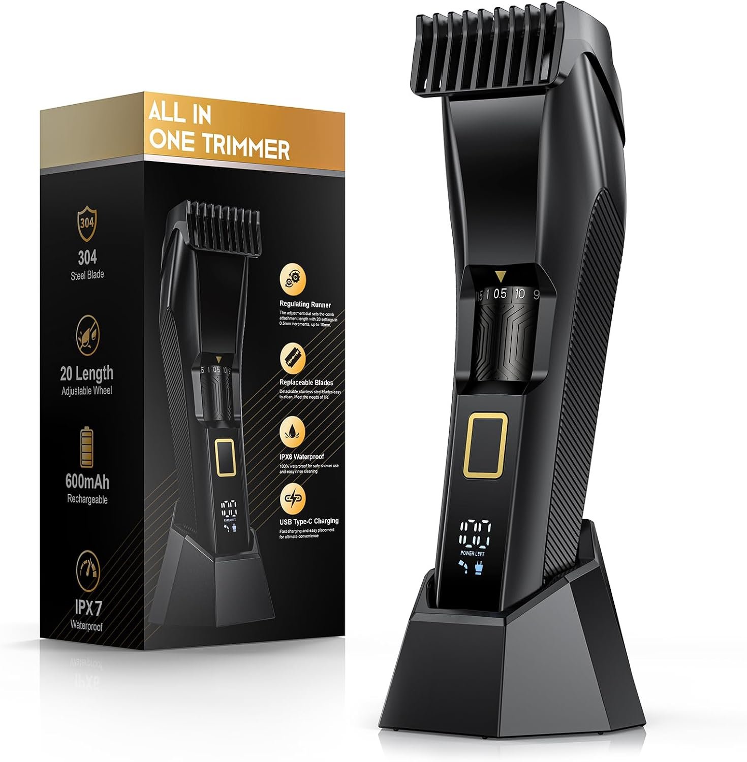Men’s Beard Trimmer-All-in-One Mustache Trimmer for Men with 20 Length Adjustable, Stainless Steel T-Blade for Precision Facial Hair Trimming Cordless IPX7 Waterproof Wet/Dry Clipper,LED Display