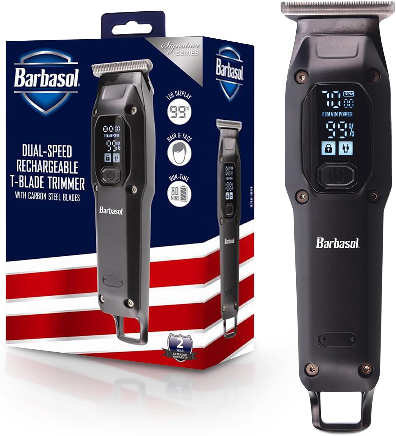 Barbasol T-Blade Trimmer, Rechargeable Hair and Beard Trimmer for Men, Dual Speed Hair Trimmer with 6 Clipper Guide Combs, LED Display, Clipper Oil, Brush, & Travel Bag