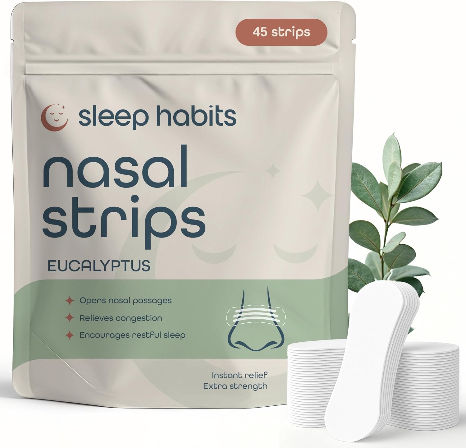 SleepHabits 45PC Breathing Strips, Non-Toxic Tested Nose Strips for Breathing & Sleep | Nasal Strips for Snoring Solution | Extra Strength Congestion Relief | Nasal Strips for Sleeping, Eucalyptus