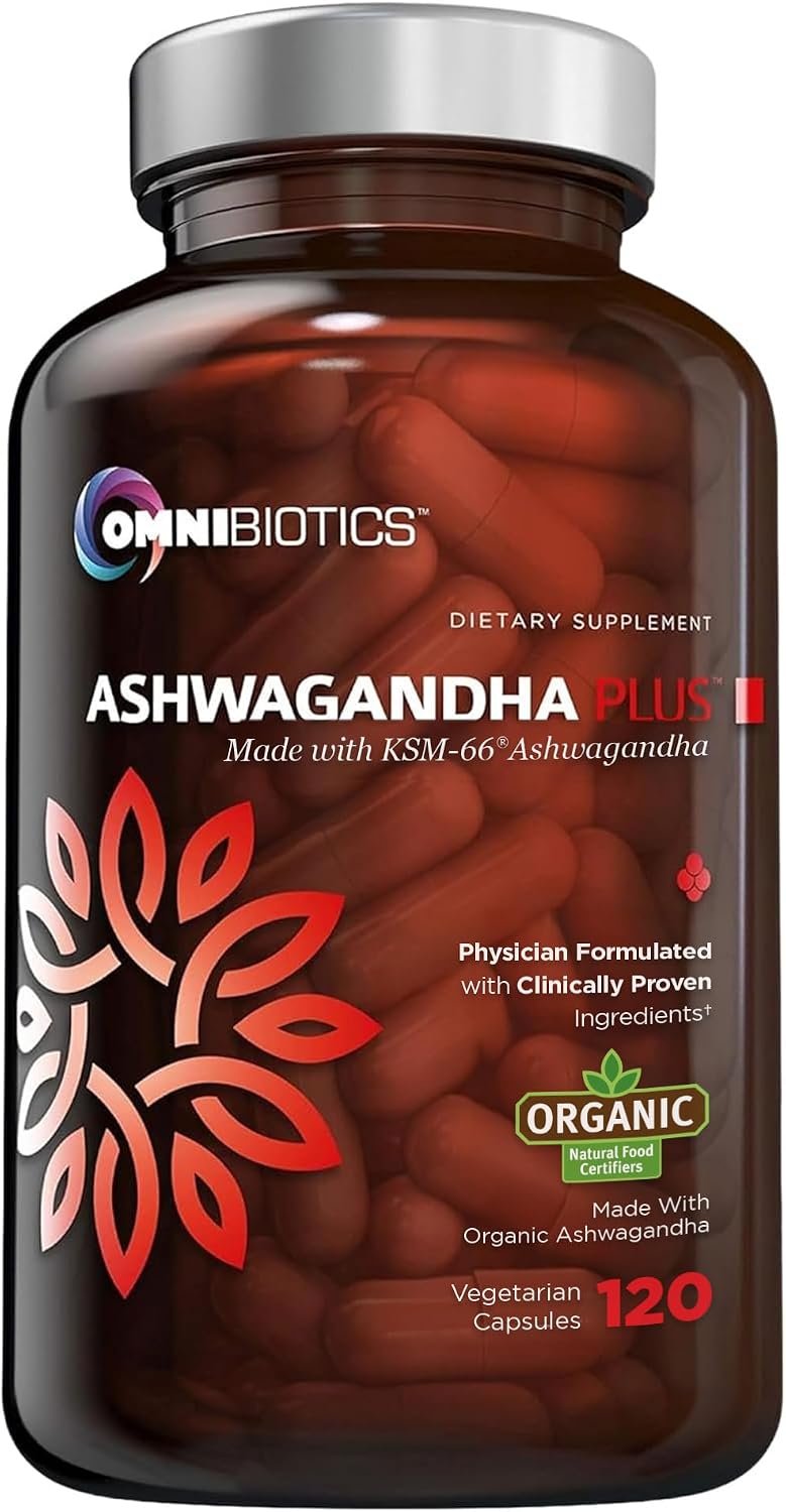 OmniBiotics Organic Ashwagandha Supplement – 1300mg Total Strength – 900mg Organic Root Powder & 400mg KSM-66 Extract – Stress Relief, Mood & Sleep Support – Non-GMO – 120 Vegan Capsules