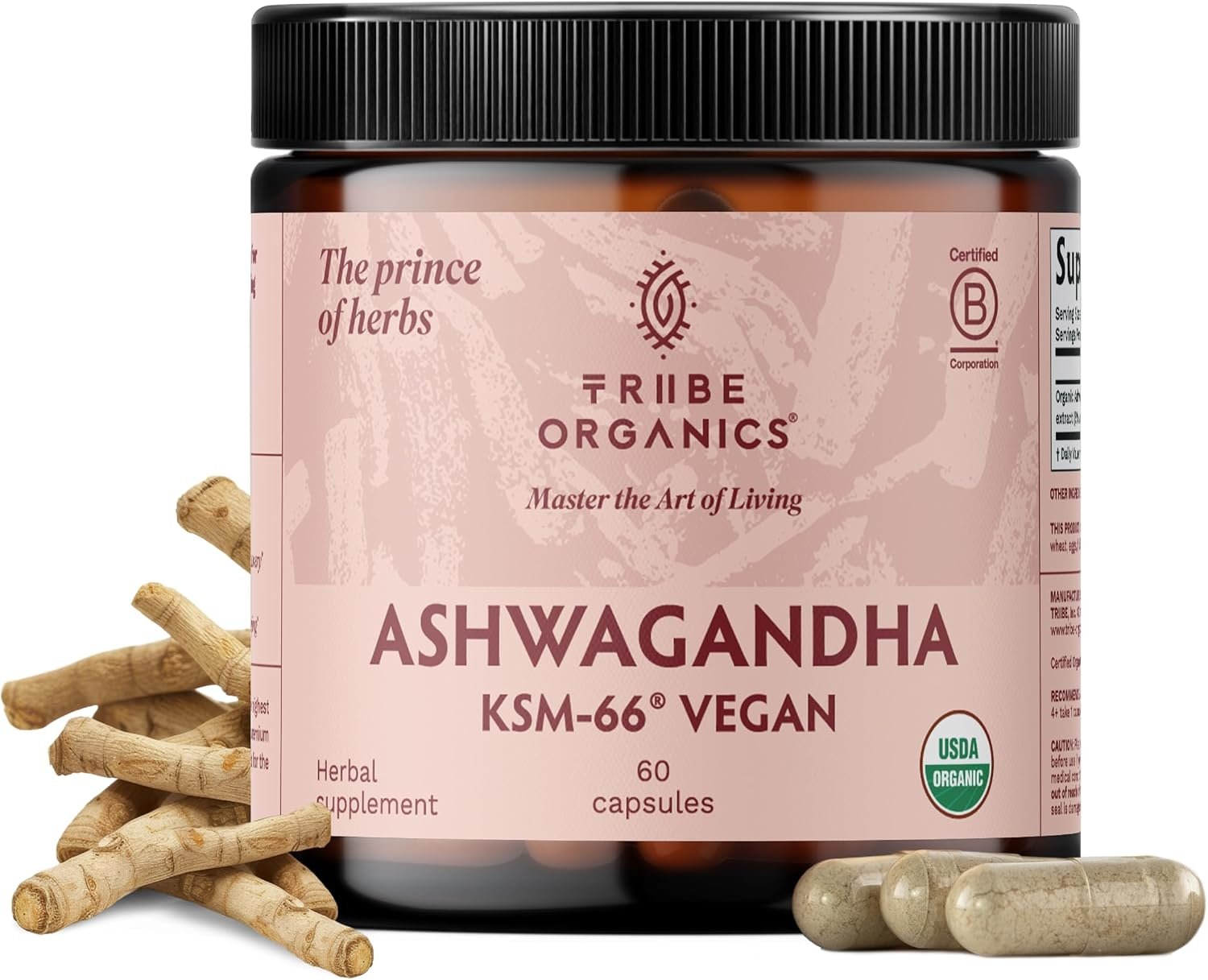 TRIBE ORGANICS Vegan Ashwagandha KSM 66 Organic Supplement, 60ct