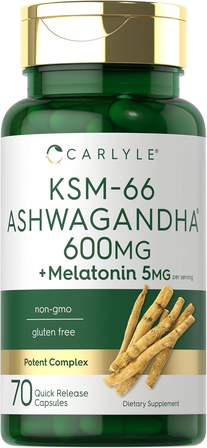 Carlyle KSM-66 Ashwagandha Capsules 600mg | 70 Count | with Melatonin 5mg