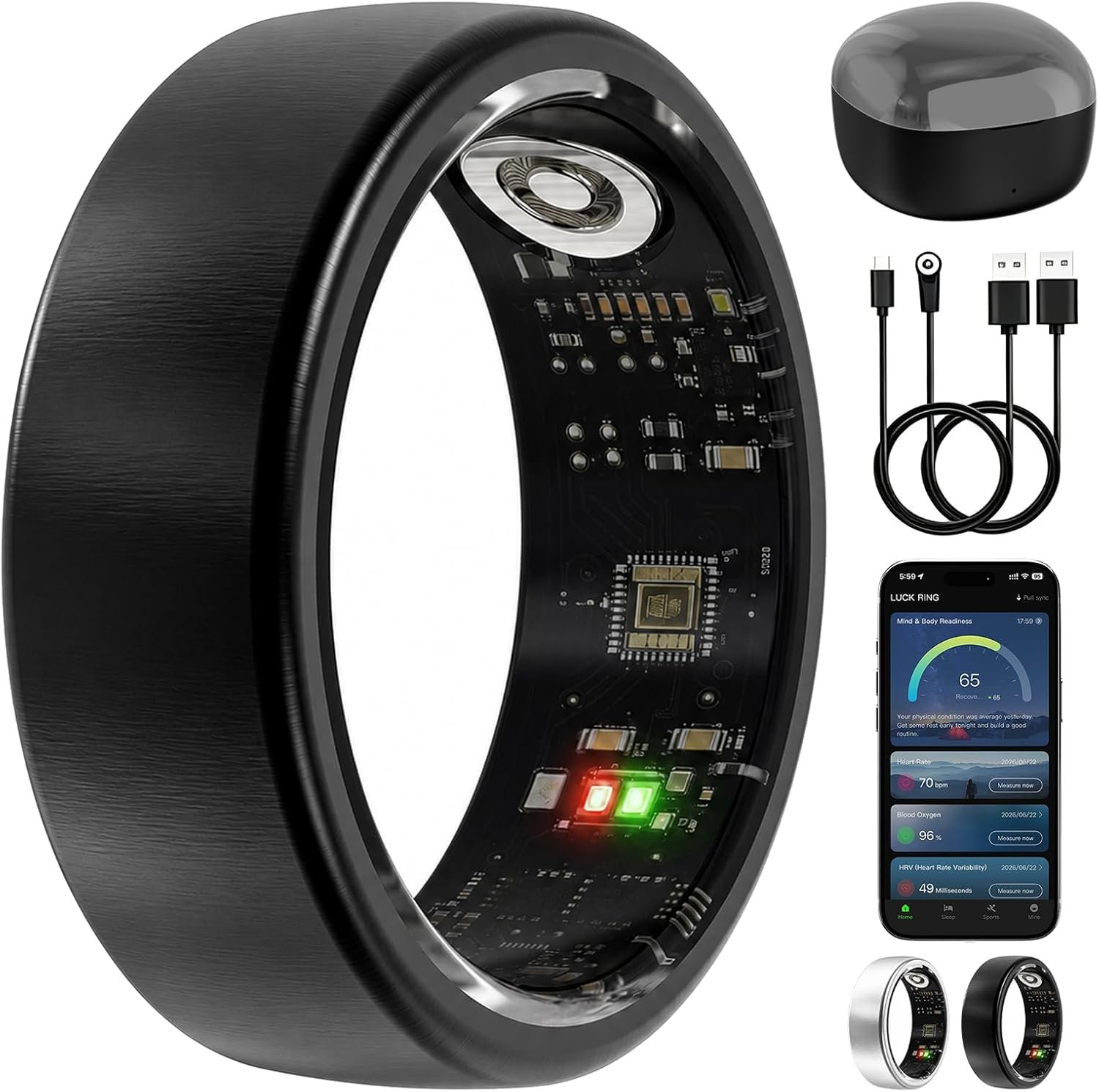 Smart Ring for Women Men, Sleep Tracker, 12 Sports Modes, Size 10 Black