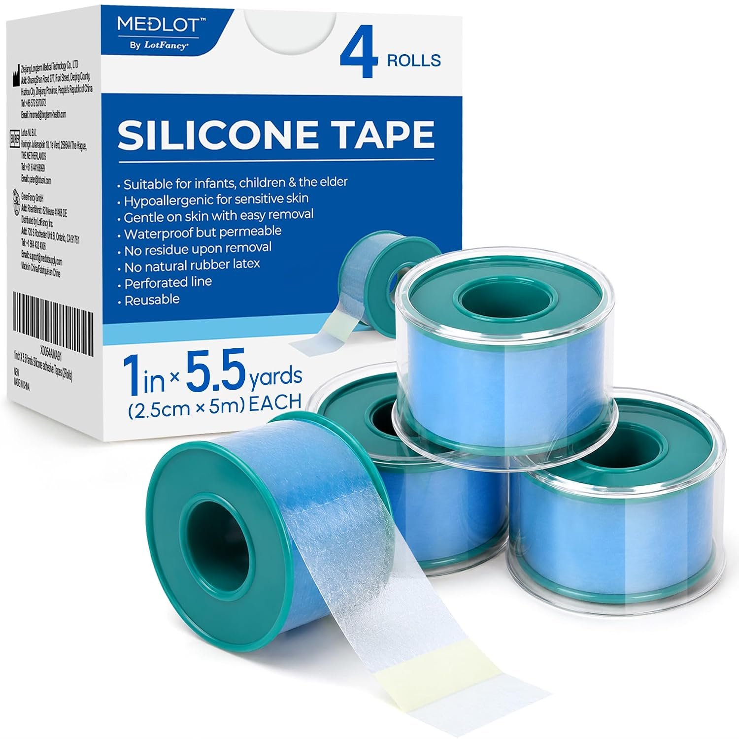 Silicone Tape 4 Rolls, 1″x5.5 Yds Hypoallergenic Tape for Sensitive Skin