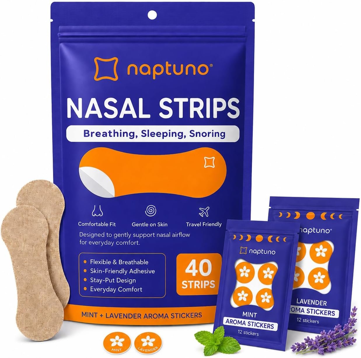 Naptuno Nasal Strips for Snoring Pack of 40, Nose Strips for Breathing Extra Strength for Enhanced Breathing, Restful Sleep and Comfort, Free Snoring Solution & Instant Nasal Congestion Relief