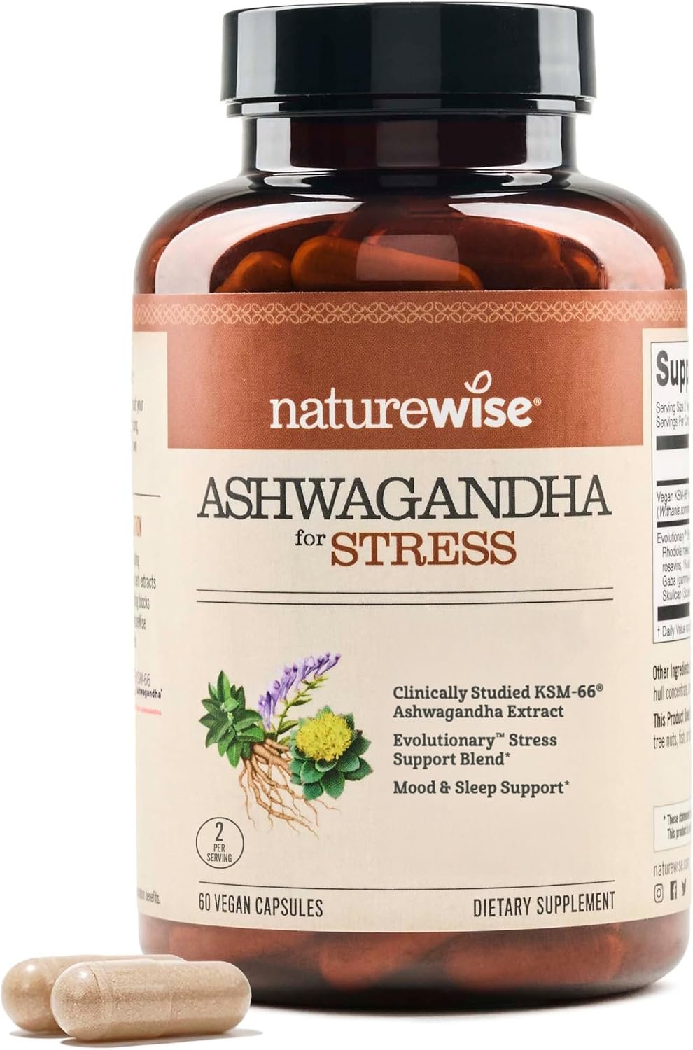 NatureWise Ashwagandha for Stress – With KSM-66 Extract, GABA, L-Theanine, Rhodiola Rosea – Herbal Mood & Sleep Support – Vegan, Non-GMO, Gluten-Free – 60 Capsules[1-Month Supply]