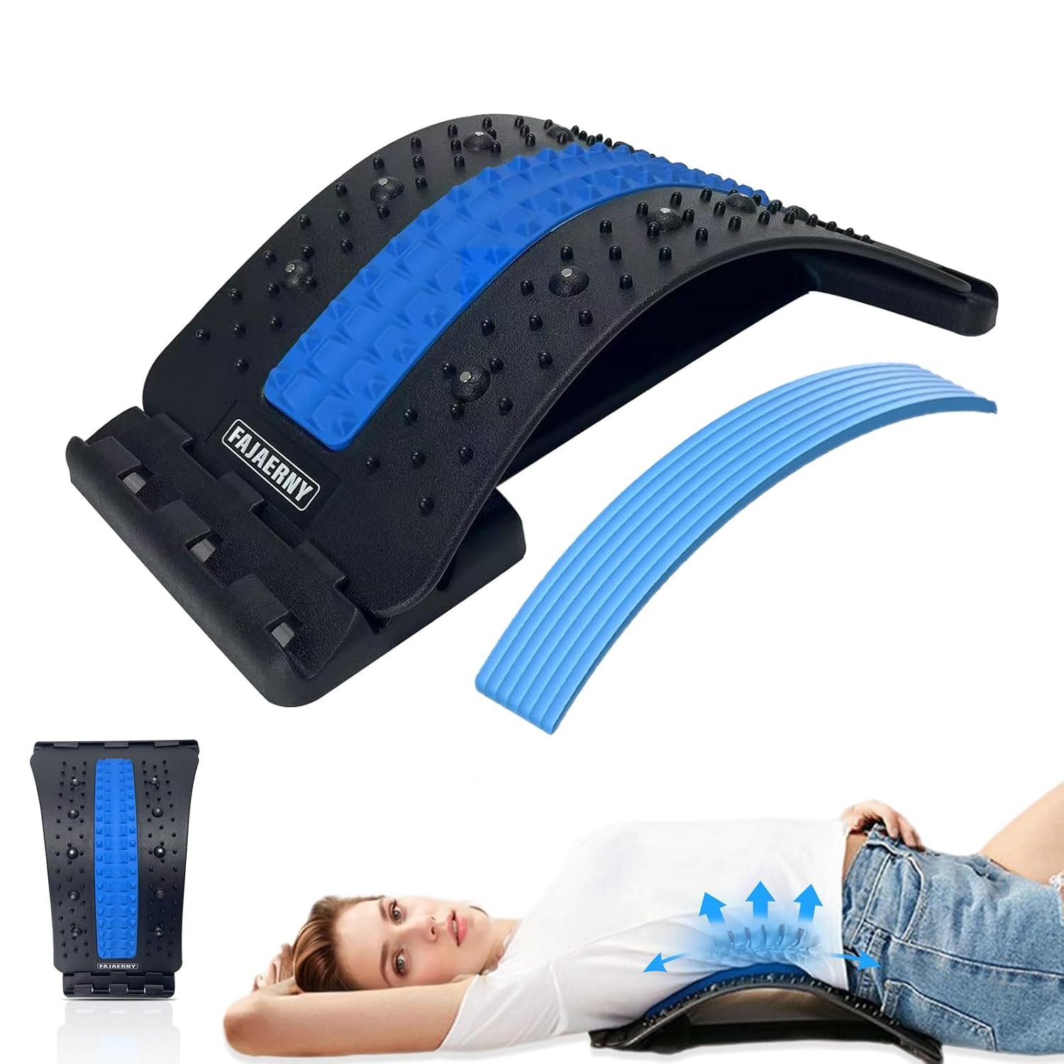 Back Stretcher, 3-Level Adjustable Lumbar Support with 84 Massage Points & 10 Magnetic Nodes, Spine Alignment & Posture Corrector, Tension Relief Stretching Device, NBR Pad,(Blue)