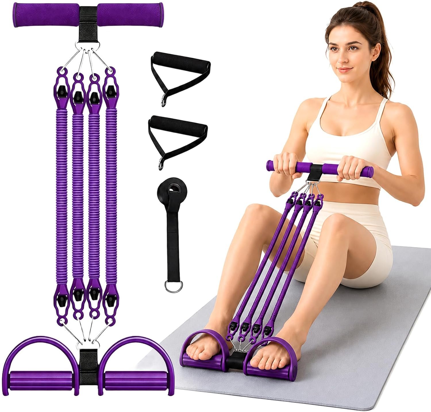 2026 Upgrade Pedal Resistance Band with Handles, Adjustable 4-Tube Detachable Foot Pedal Resistance Band, Portable Home Gym Equipment for Abs, Arms, Waist, Legs & Full Body Workout, Men Women