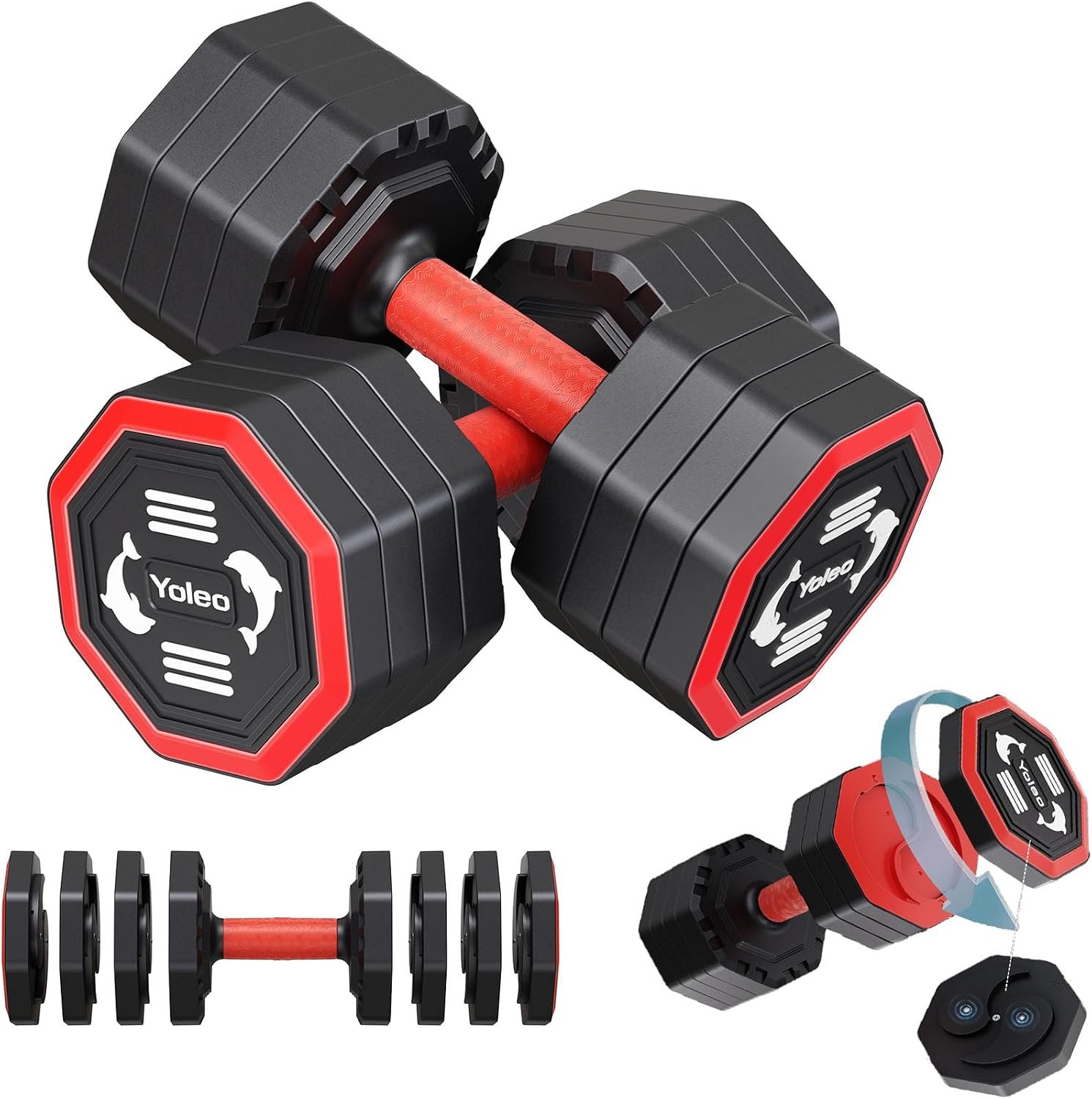 YOLEO Adjustable Dumbbell Set, Weights Dumbbells Set at Home Workout Equipment, 4 in 1 Each Premium Tai Chi-Style Rotary Mounting Adjustable 10/15/20/25 lb dumbbells, with TPU Soft Rubber Handle Suitable Men/Women Updated 2.0