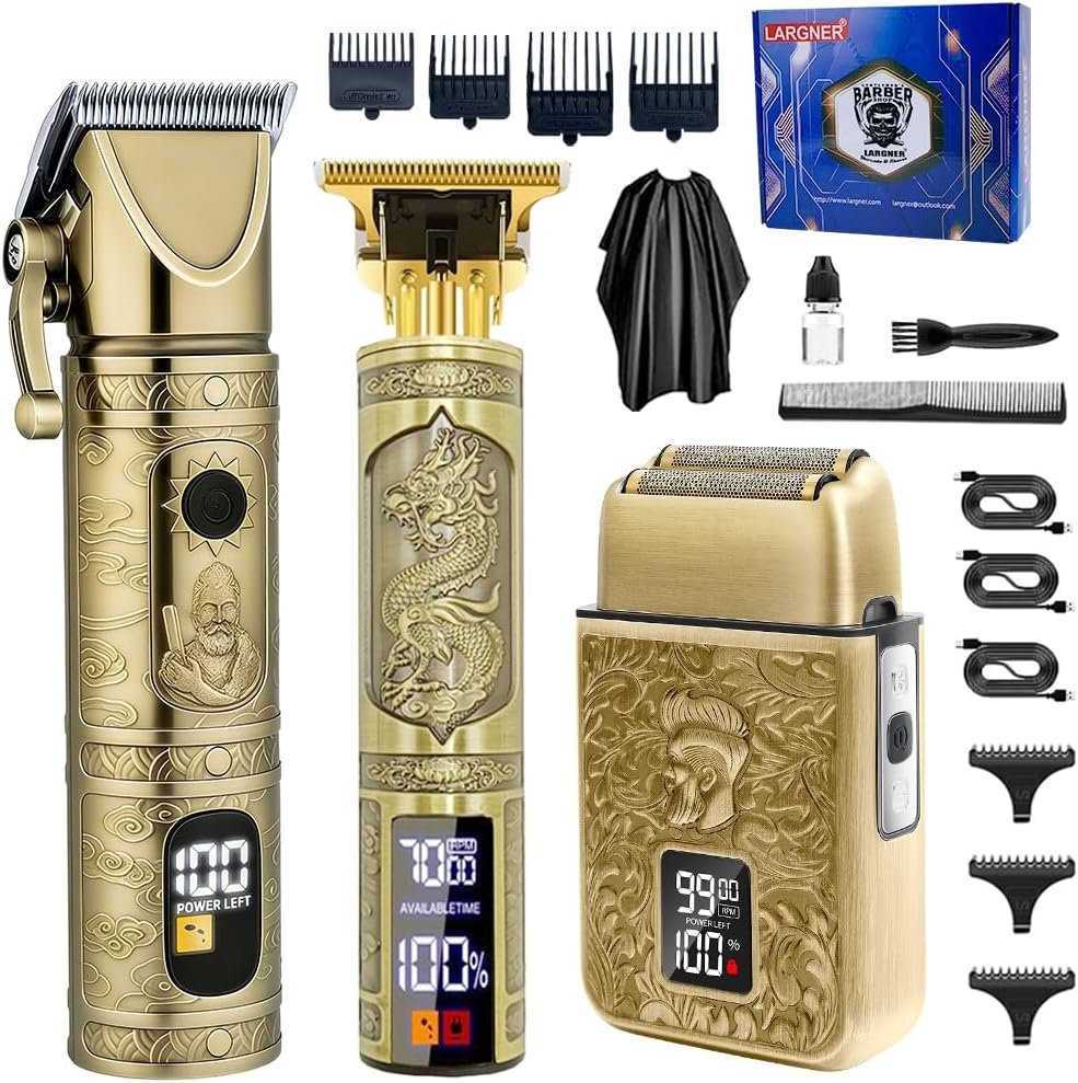 Hair Clippers for Men Professional, Beard Trimmer Kits & Sets, Cordless Mens Hair Trimmer, Electric Shavers, Haircutting Machine with LED Display (Bronze-3in1)