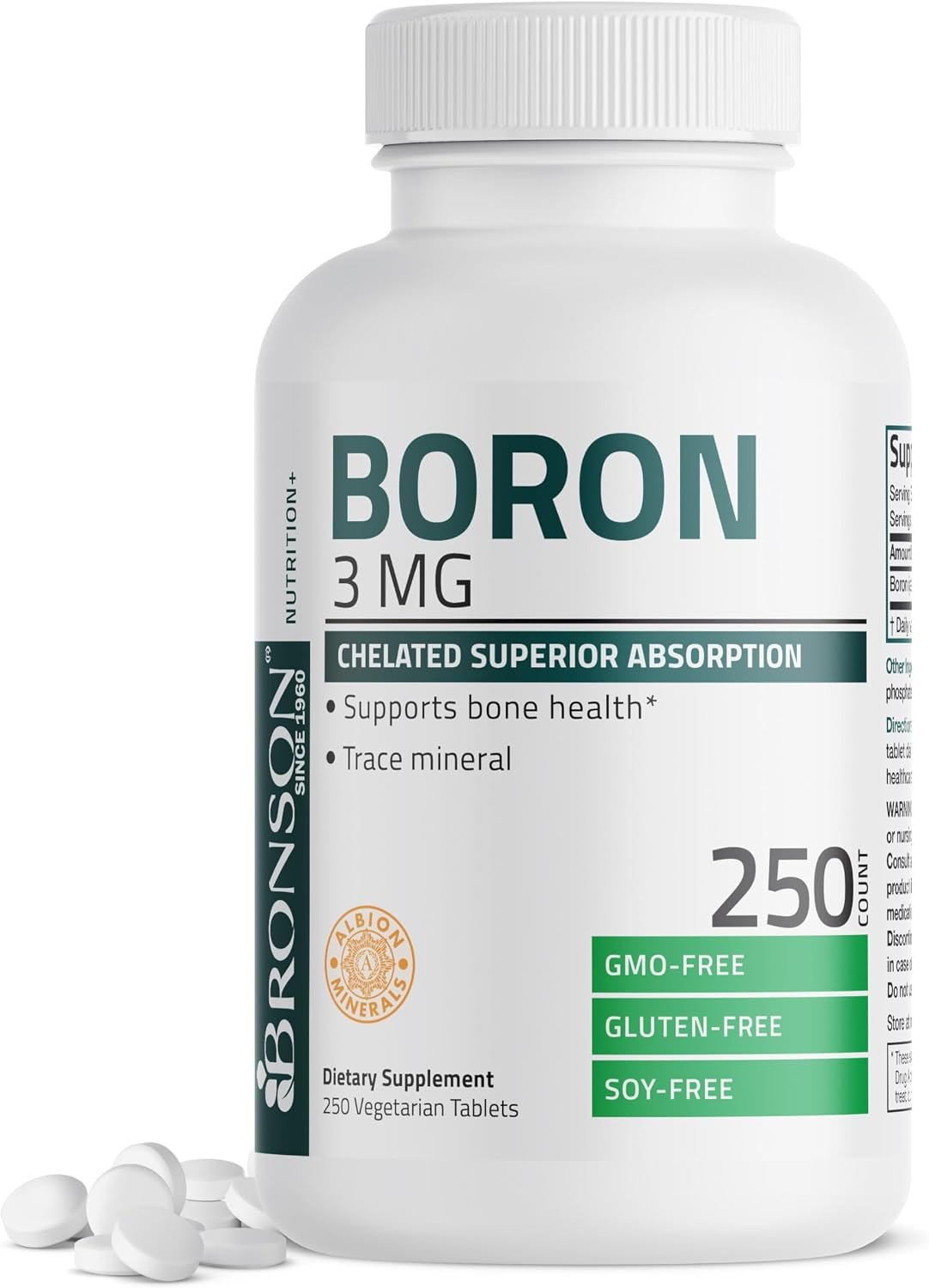 Bronson Boron 3 mg as Albion Boroganic Glycine for Bone Health, 250 Tablets