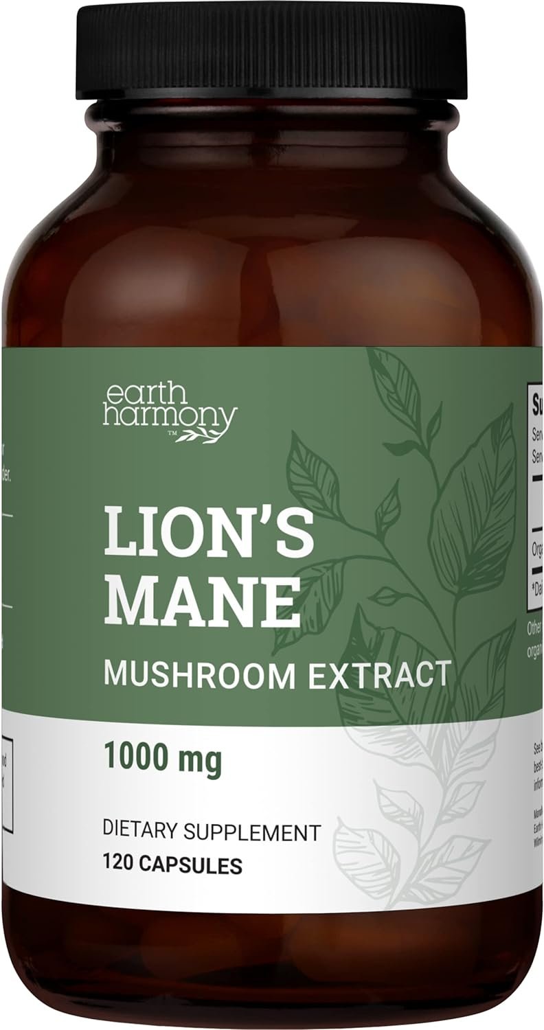 Earth Harmony Naturals Organic Lions Mane Supplement (1000mg), 2-Month Supply Lion’s Mane Mushroom Supplement Extract to Support Focus, Memory (120 Capsules)