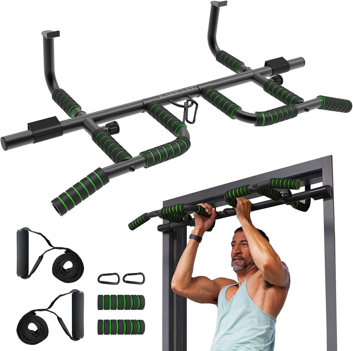 KAKICLAY New Upgrade Pull Up Bar for Doorway with Ergonomic Grip – Upto 440 Lbs Capacity, No Screwing or Slipping – USA Original Patent, Designed, Shipped, Warranty