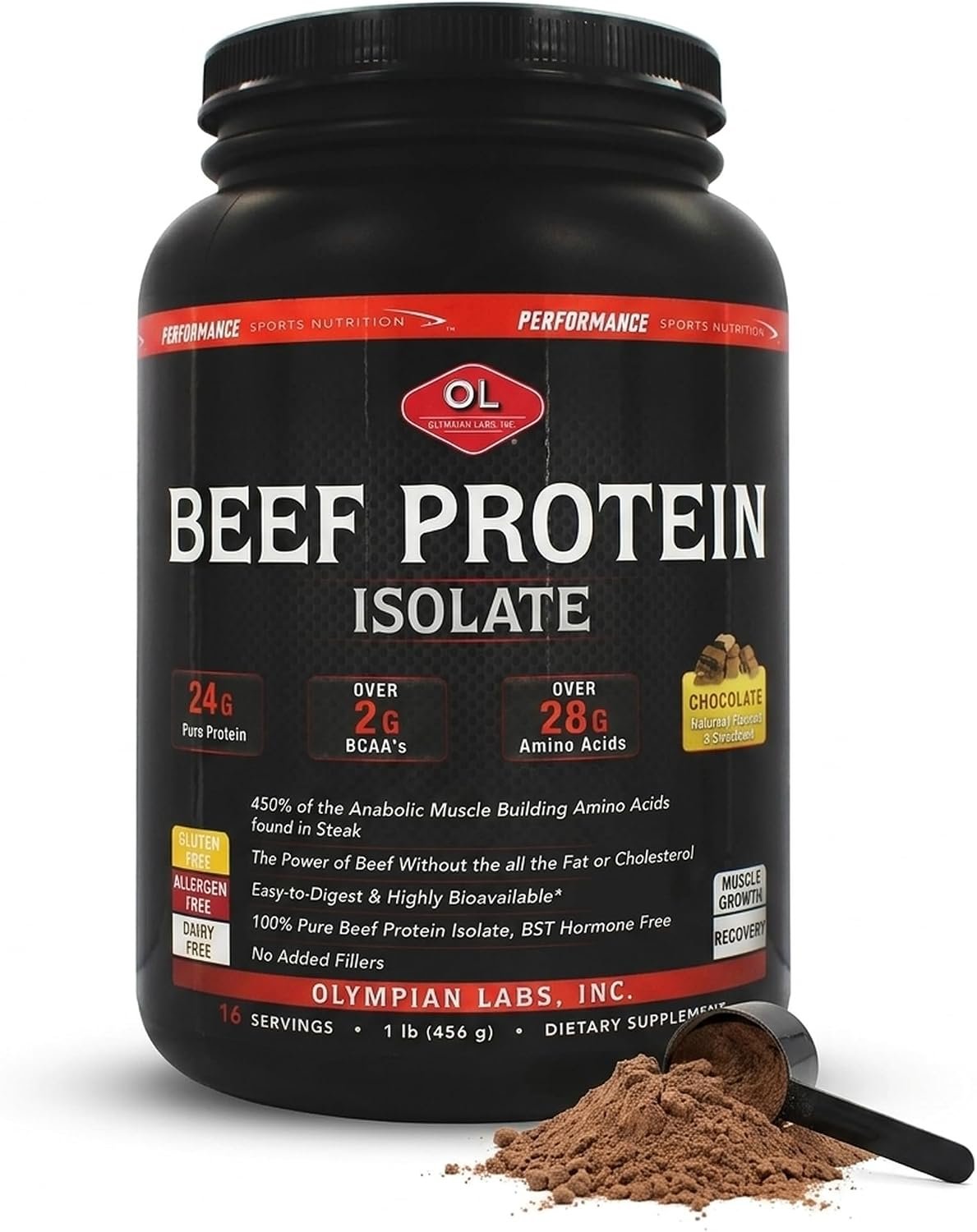 Olympian Labs Beef Protein Isolate Powder, 24g Protein, BST Free, 2 Grams BCAA’s, Muscle Building Amino Acids, 1 Pound, Flavored with Real Chocolate