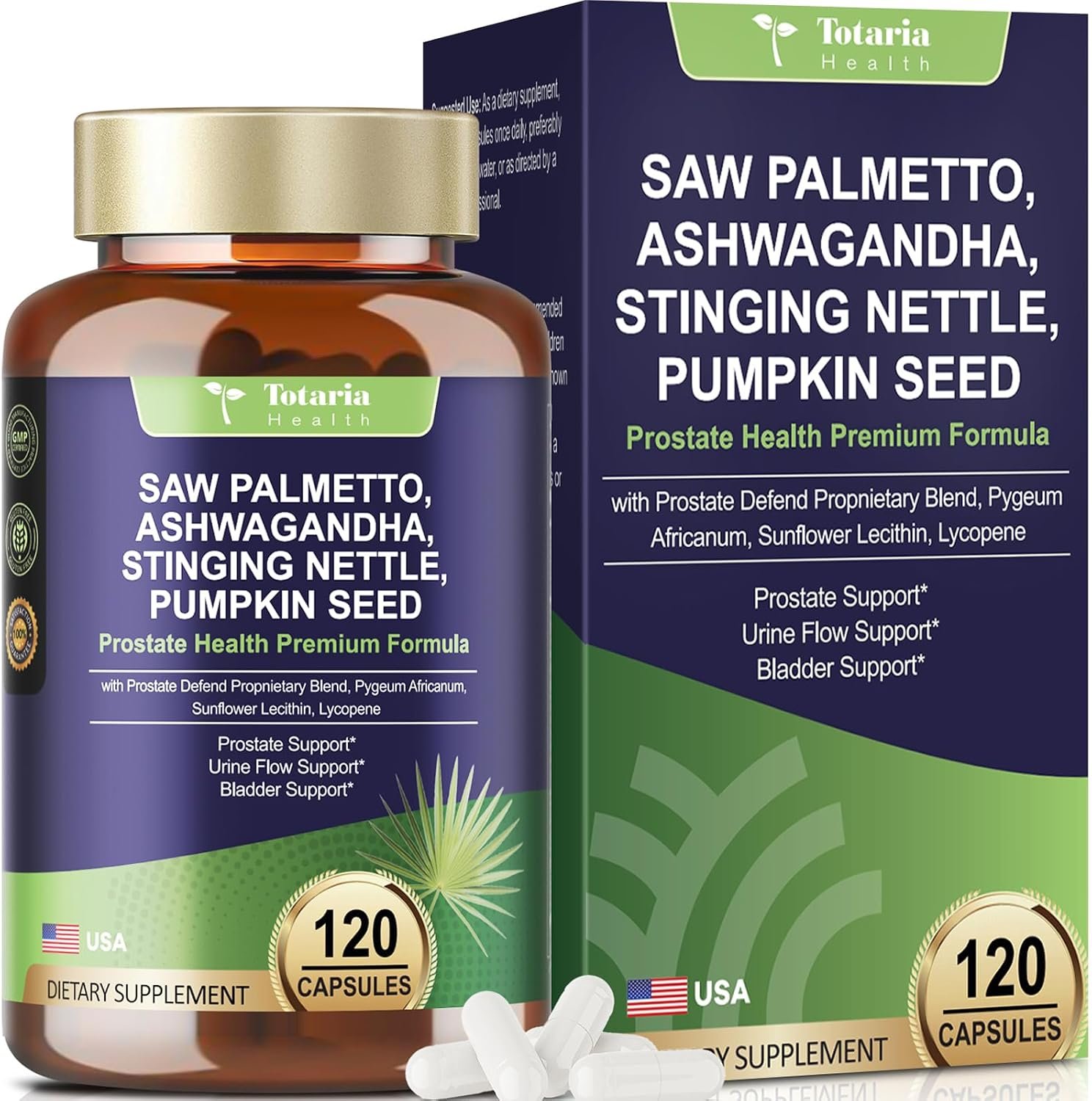 Totaria Organic Saw Palmetto with Pumpkin Seed – Prostate Health Supplements with Ashwagandha Root, Stinging Nettle, Prostate Defend Propnietary Blend, DHT Blocker for Men & Women, 120 Count