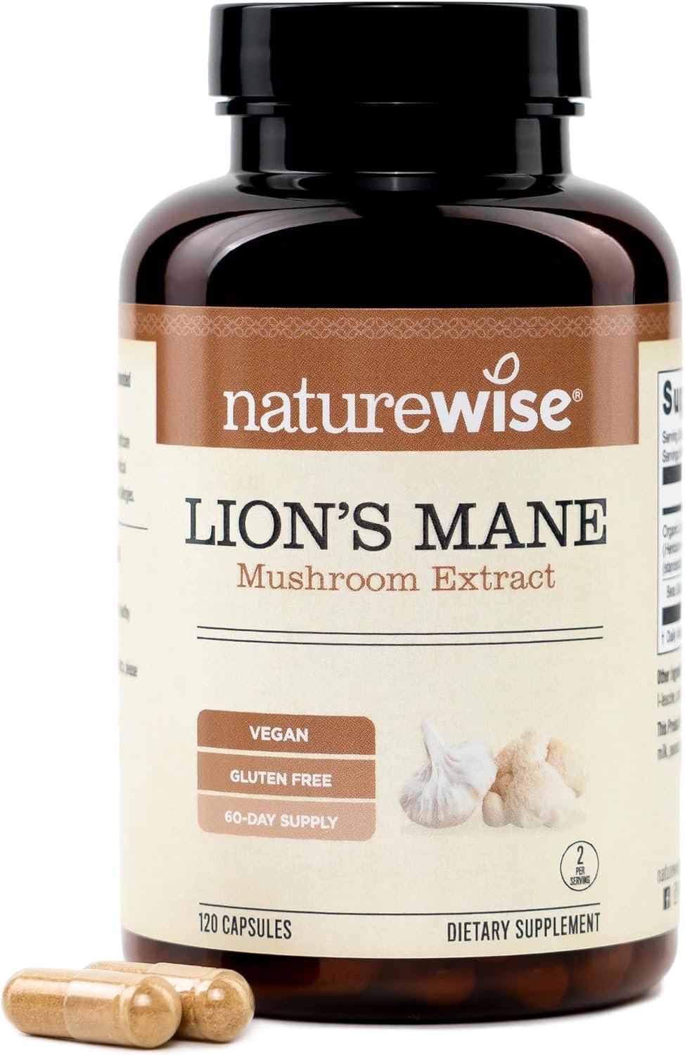 NatureWise Lions Mane Mushroom Supplement – Organic Lions Mane Mushroom Extract 1200mg – 360mg Beta Glucans – Cognition & Brain Support – Vegan, Non-GMO, USA Manufactured – 120 Capsules[60 Day Supply]