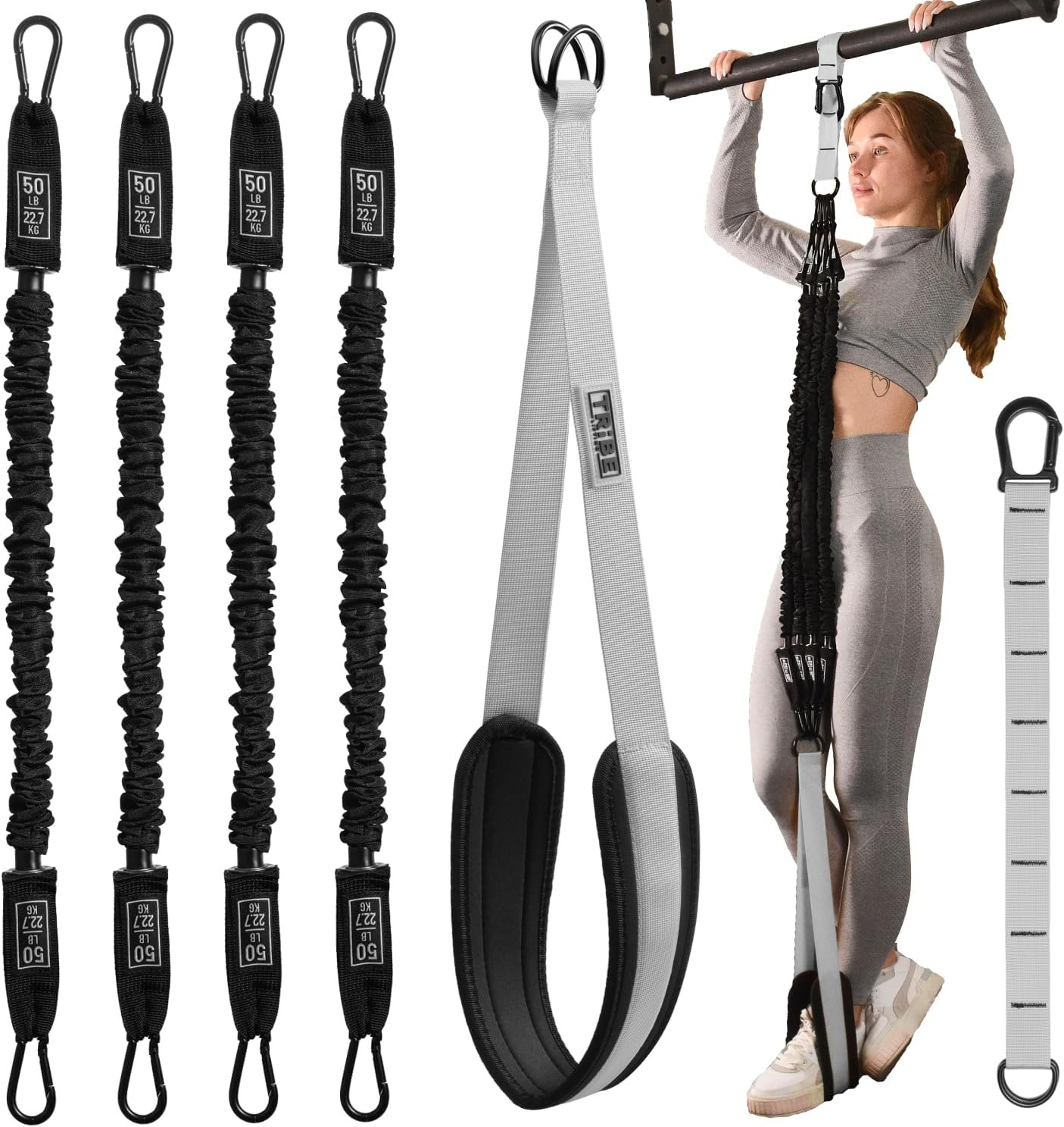 Pull Up Assistance Bands Set with 4 Levels, Adjustable Strap and Foot Rest