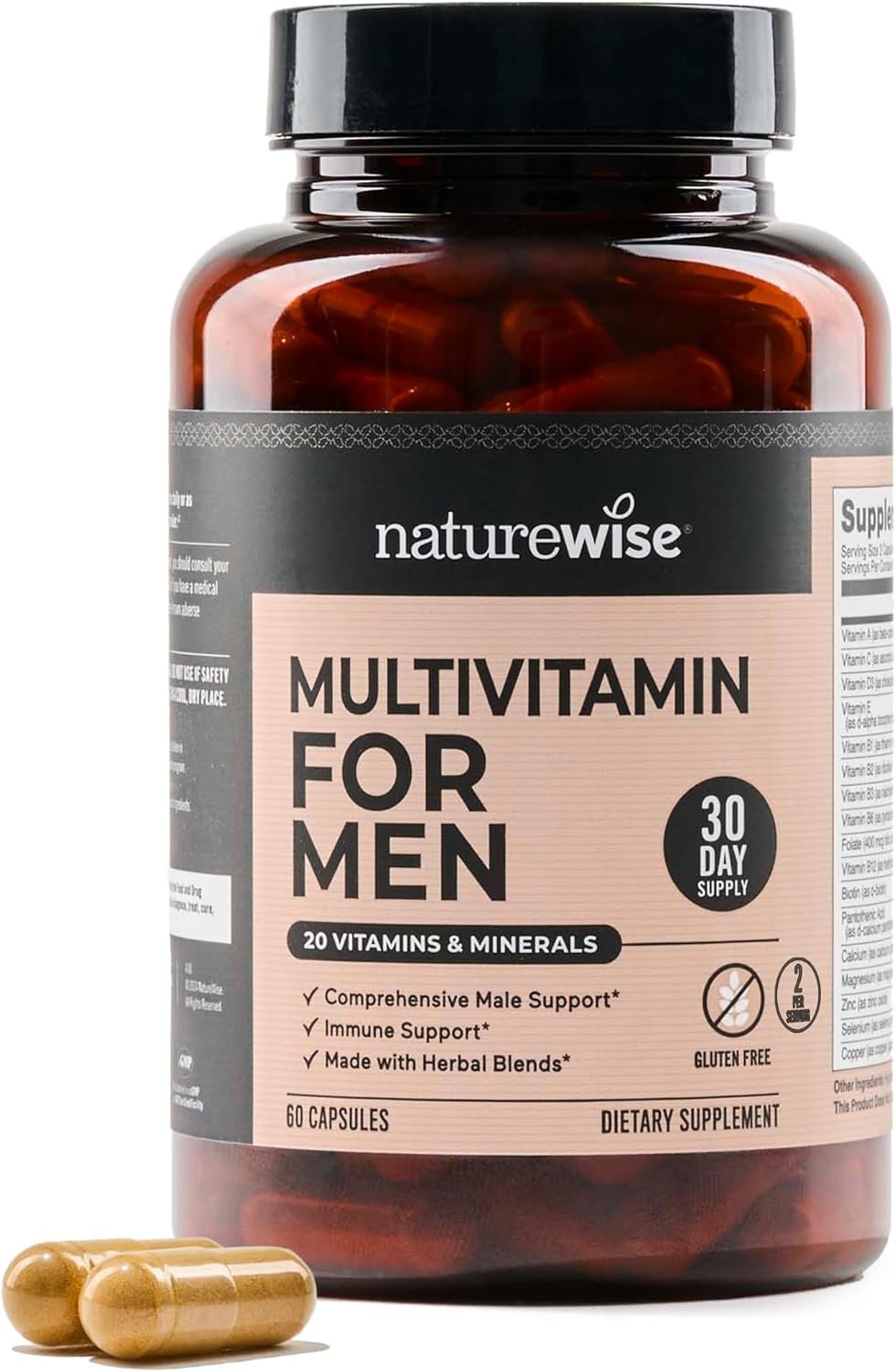 NatureWise Multivitamin for Men – Daily Male Support – Minerals & Herbs for Energy, Performance, Immunity – with Vitamin A, C, D, B-Complex – Soy & Gluten-Free, Non-GMO – 60 Capsules[1-Month Supply]