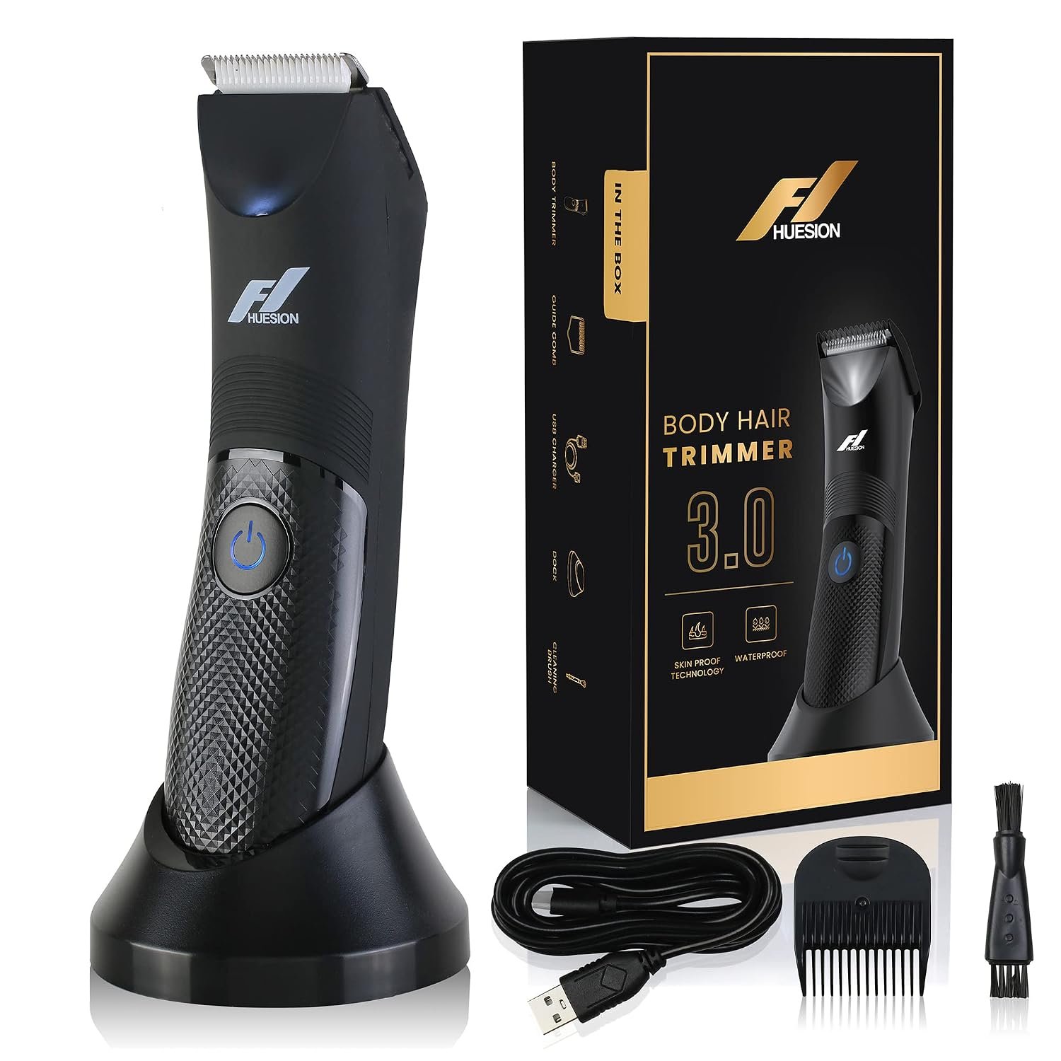 Fhuesion® Manscape Trimmer for Men -IPX7 Waterproof Ball Trimmer w/Light & Ceramic Blade, Body Groomer for Pubic/Body/Groin Grooming, Electric Razor Shavers USB-C Charging, No Nicks, Gifts for Him