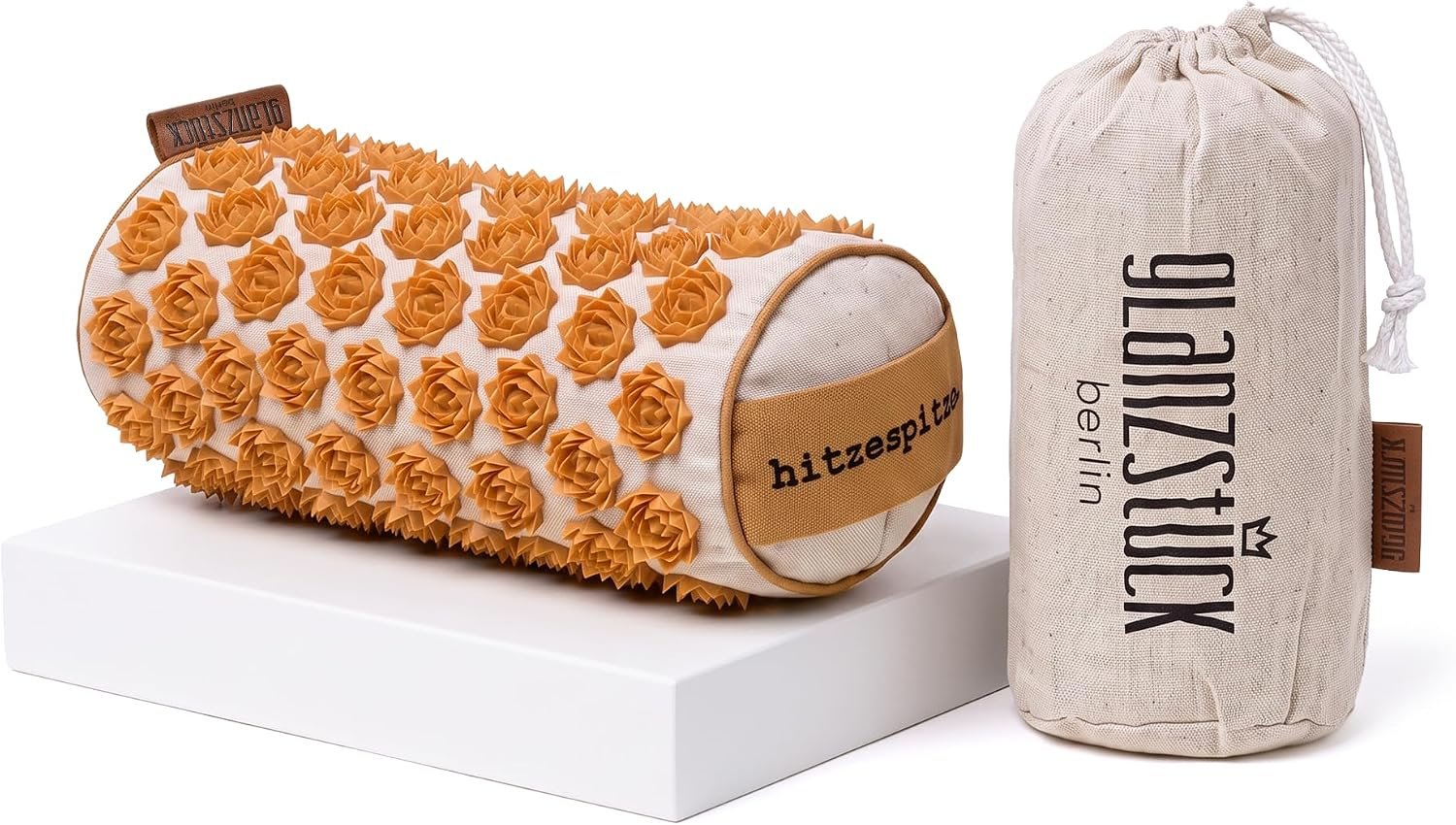 Glanzstück Berlin® Acupressure Neck Roll with Thermo Effect – 1,300 Flower Tips, Buckwheat Husk Fill for Warming or Chilling, Linen Cover – 12″ x 6″ Bolster Pillow for Neck, Shoulders & Lower Back