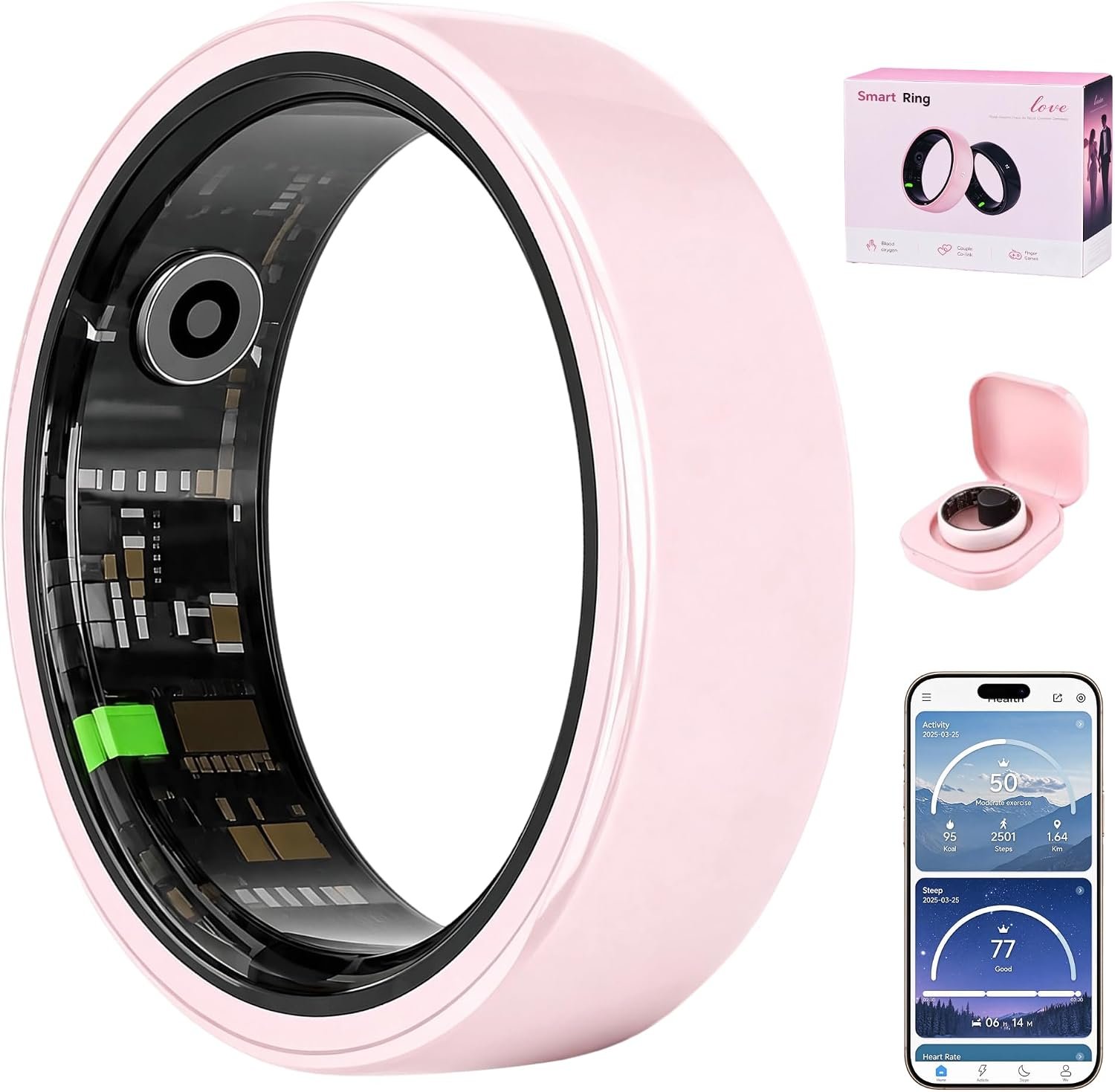 Smart Ring for Women, Pink Ceramic Design, Period Prediction, Gifts for Women, Stress & Sleep Monitor, Female Health Tracker, No Subscription Fee (#9)